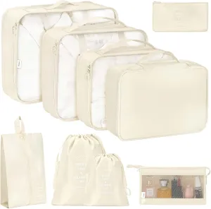 8 Set Packing Cubes for Travel, Travel Luggage Packing Organizers, Travel Accessories Large Toiletries Bag for Clothes Shoes Cosmetics Toiletries (Blue), Beige