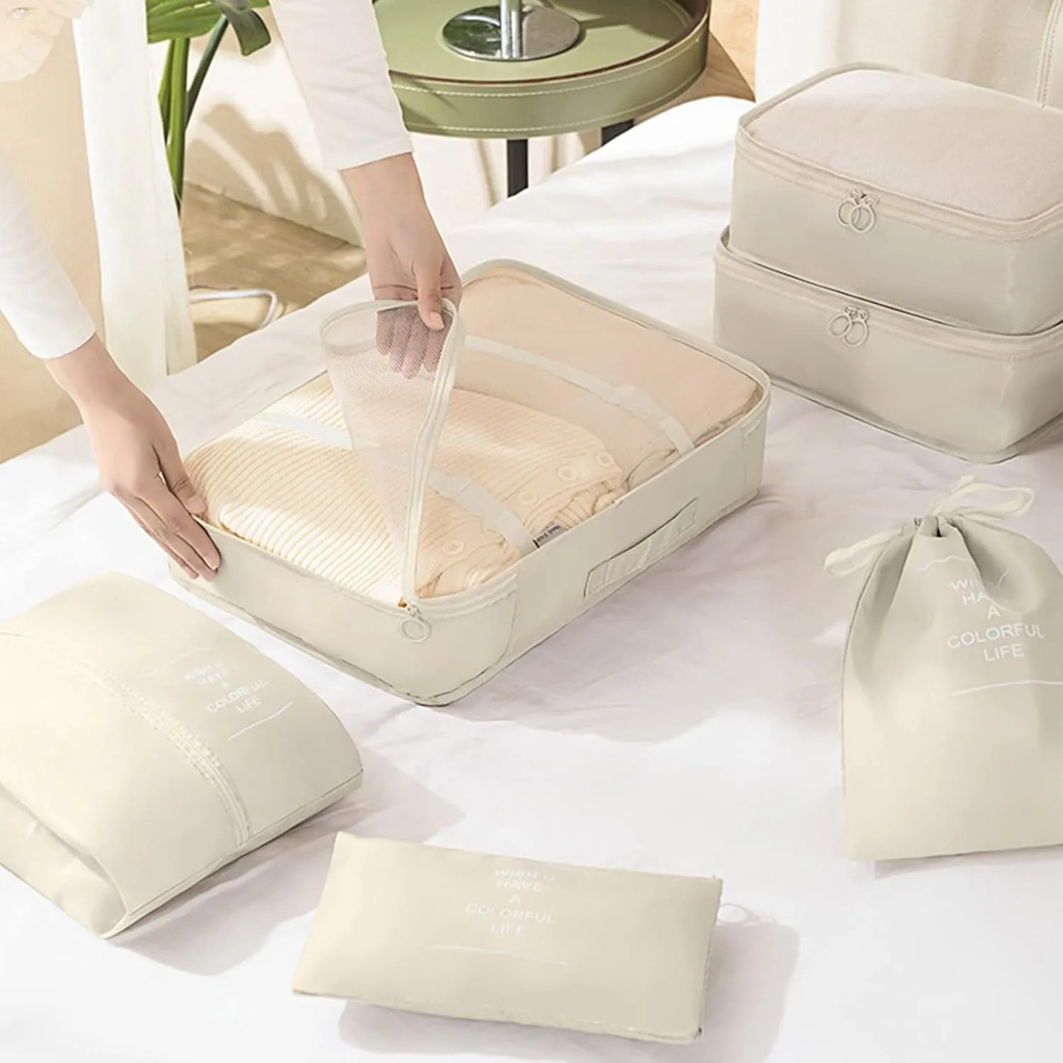 8 Set Packing Cubes for Travel, Travel Luggage Packing Organizers, Travel Accessories Large Toiletries Bag for Clothes Shoes Cosmetics Toiletries (Blue), Beige