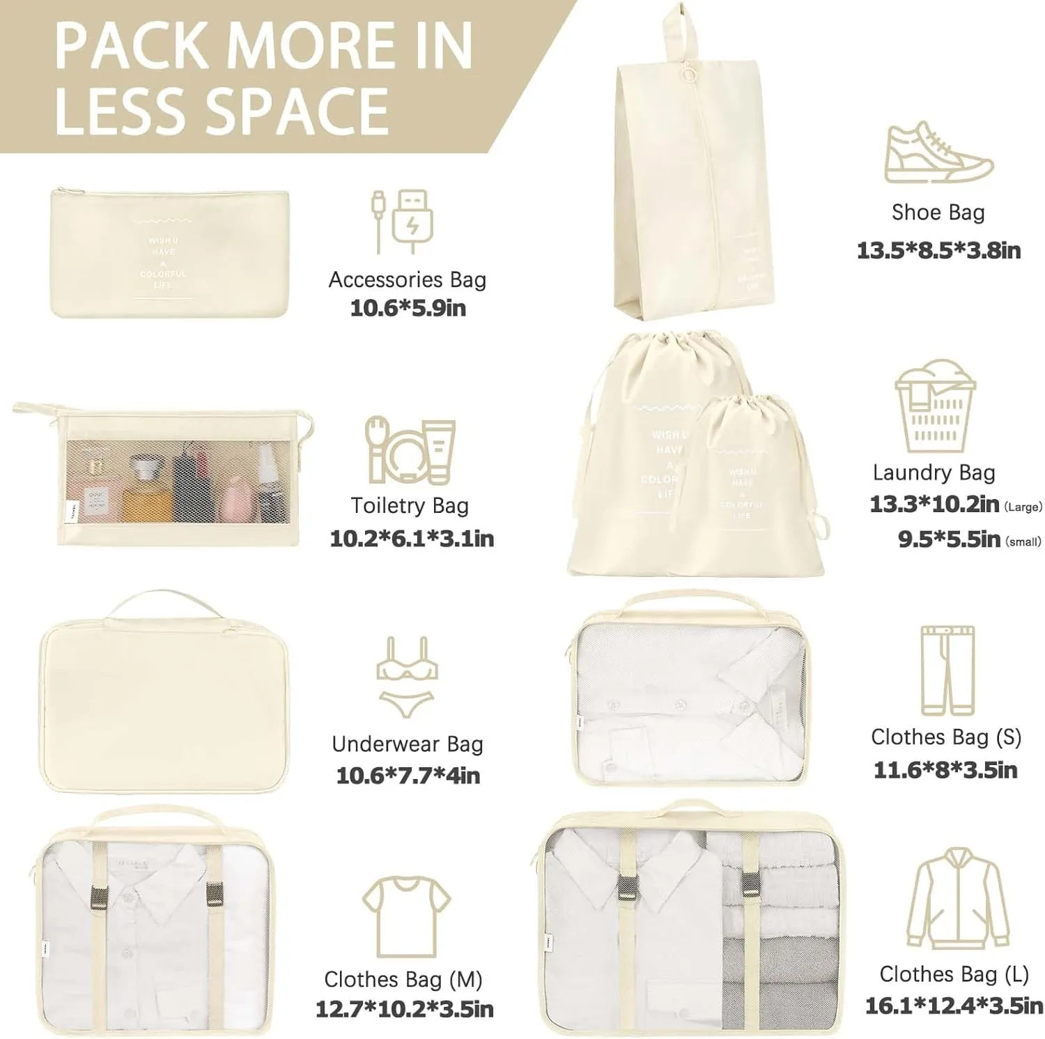 8 Set Packing Cubes for Travel, Travel Luggage Packing Organizers, Travel Accessories Large Toiletries Bag for Clothes Shoes Cosmetics Toiletries (Blue), Beige