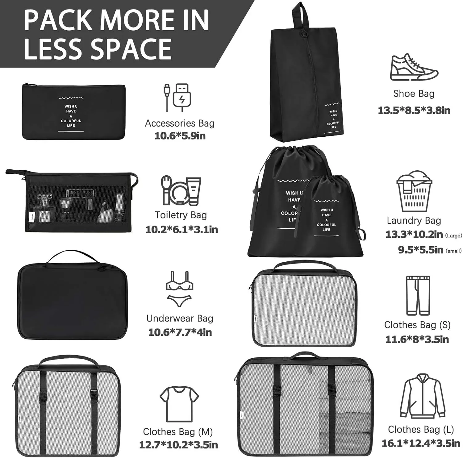 8 Set Packing Cubes for Travel, Travel Luggage Packing Organizers, Travel Accessories Large Toiletries Bag for Clothes Shoes Cosmetics Toiletries (Blue), Black