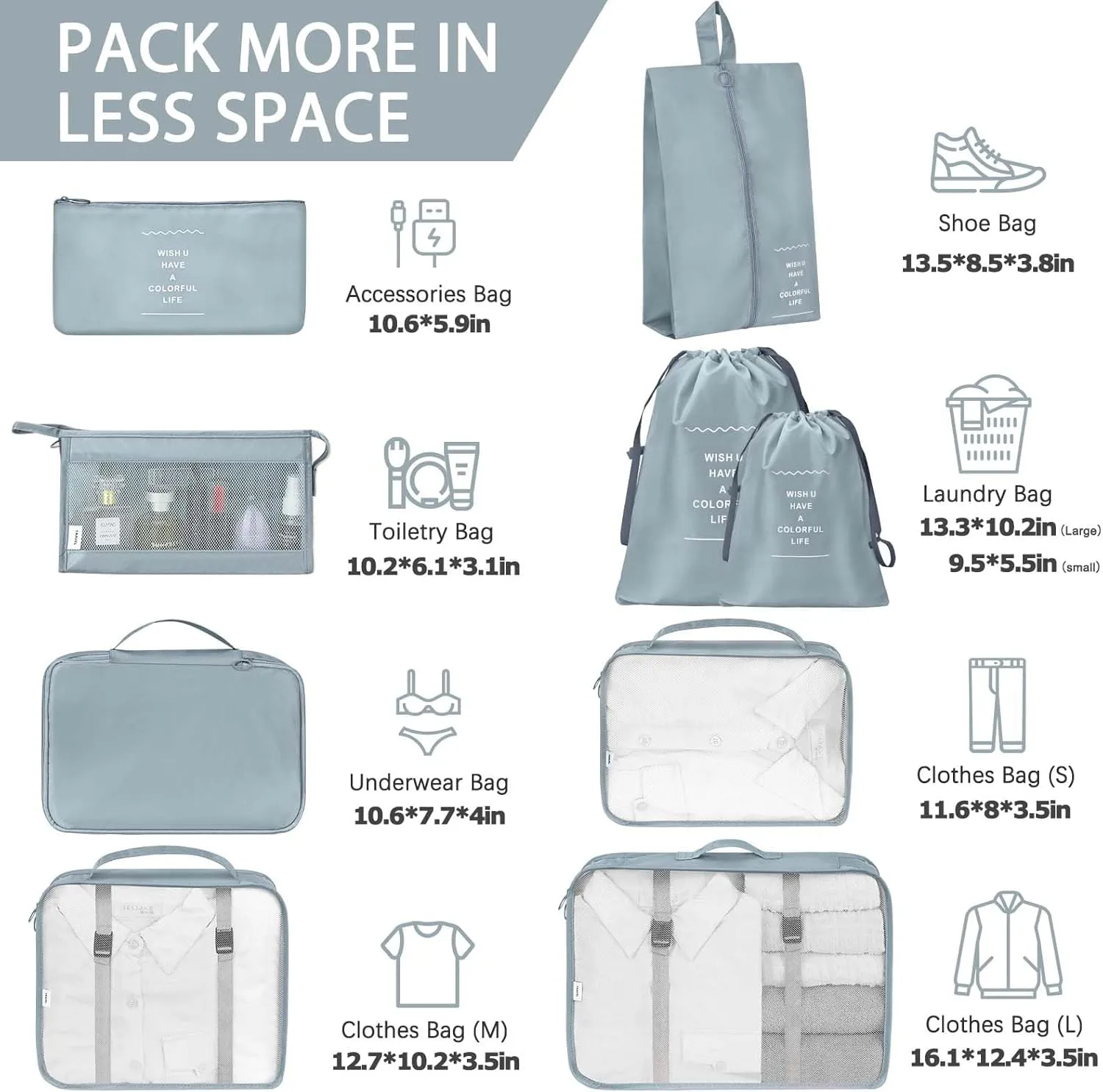 8 Set Packing Cubes for Travel, Travel Luggage Packing Organizers, Travel Accessories Large Toiletries Bag for Clothes Shoes Cosmetics Toiletries (Blue)