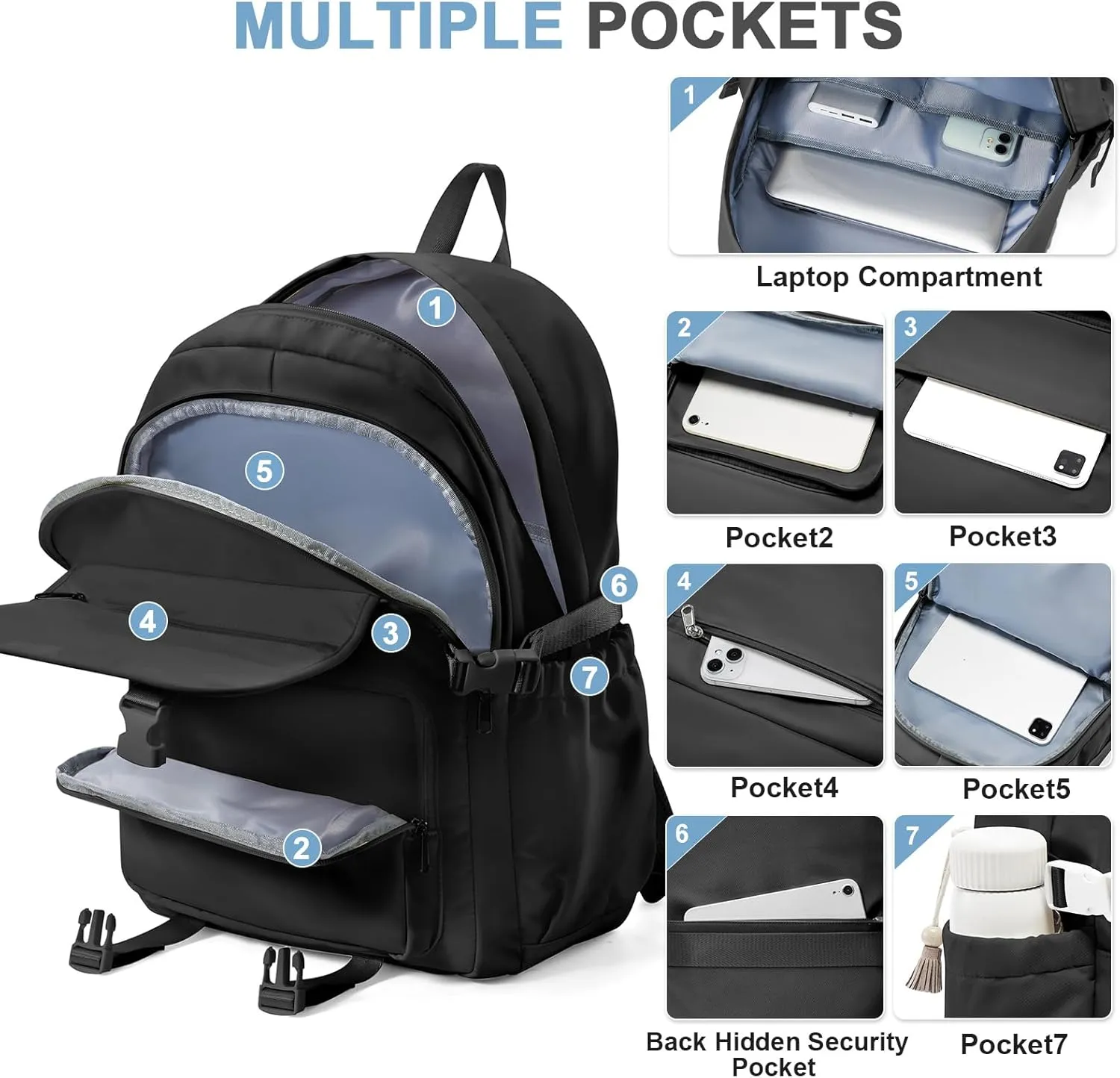 Aesthetic Black School Backpack for Teens Girls Boys Multi Pocket Backpacks Waterproof Book Bags Kawaii College Backpack for Women Men High School Bag