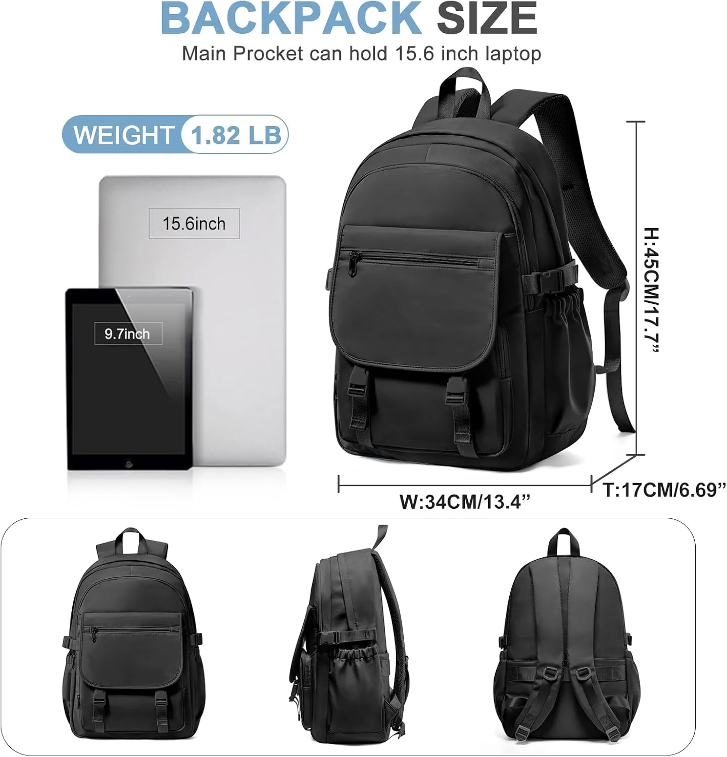 Aesthetic Black School Backpack for Teens Girls Boys Multi Pocket Backpacks Waterproof Book Bags Kawaii College Backpack for Women Men High School Bag