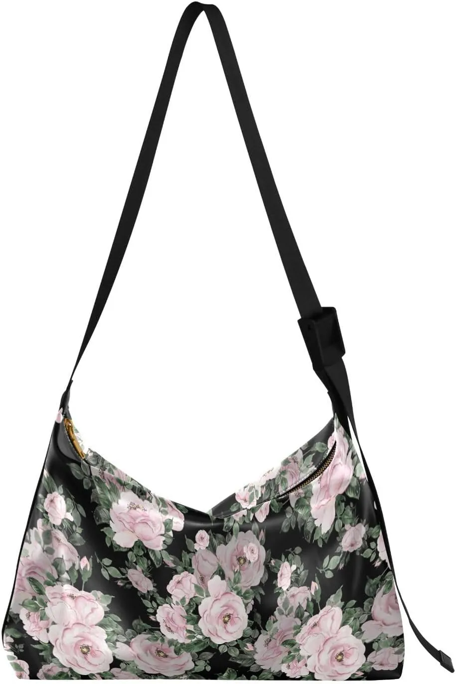 ALAZA Pink Rose Flower with Foliage Womens Tote Bag Leather Shoulder Bag For Women Men Large Hobo Cross Body Bags Handbag