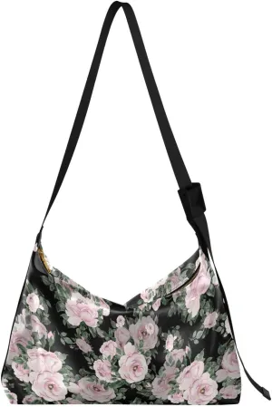 ALAZA Pink Rose Flower with Foliage Womens Tote Bag Leather Shoulder Bag For Women Men Large Hobo Cross Body Bags Handbag