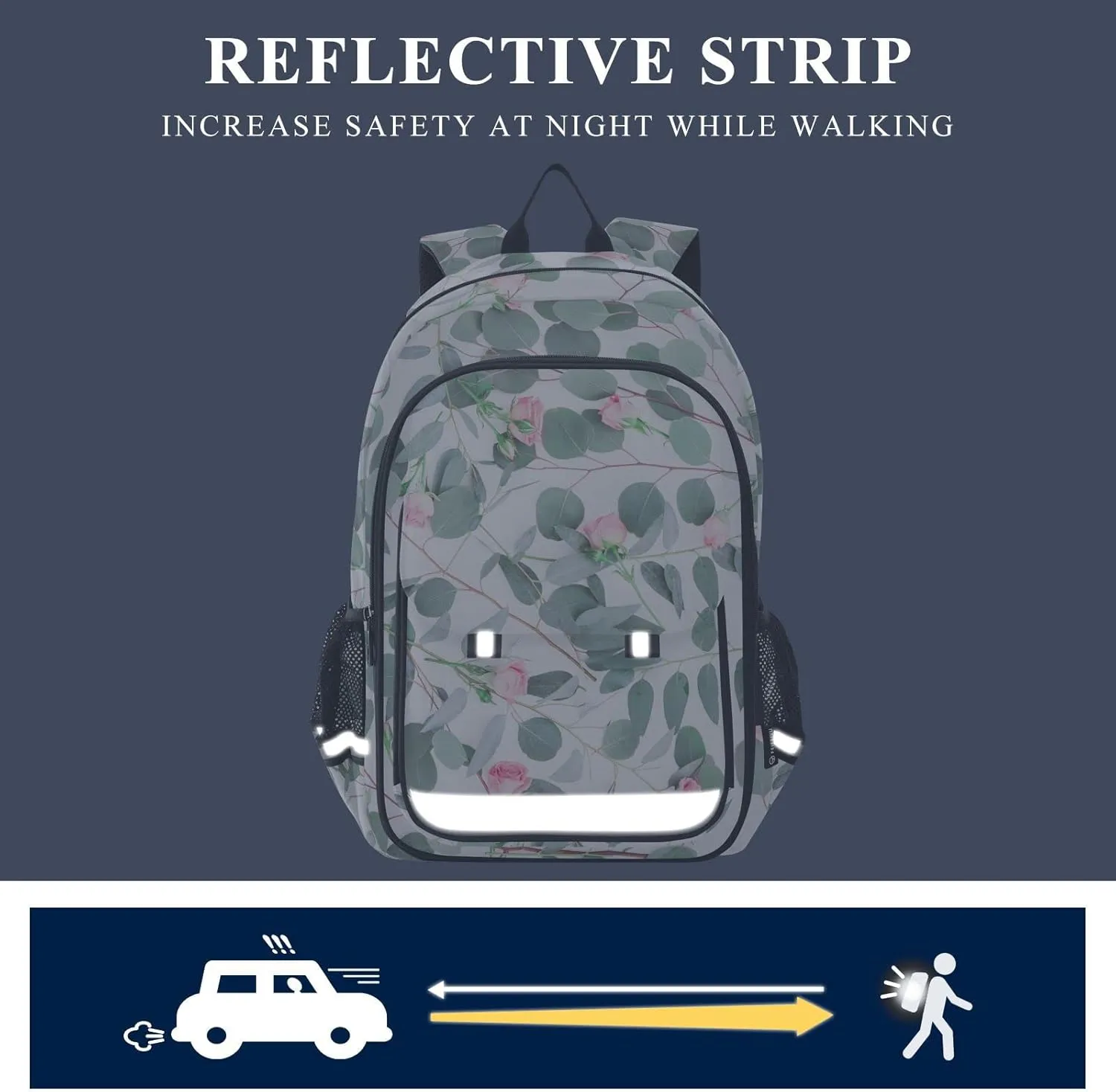 ALAZA Pink Rose Flowers Branches on White Backpacks Reflective Safety Backpack