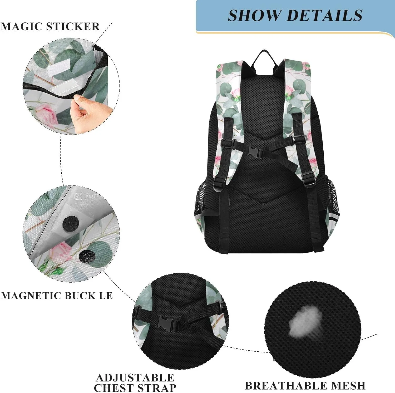 ALAZA Pink Rose Flowers Branches on White Backpacks Reflective Safety Backpack
