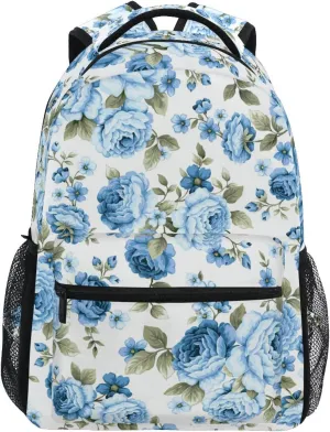 ALAZA Rose Blue Flower Floral Backpack Purse with Multiple Pockets Name Card Personalized Travel Laptop School Book Bag, Size M/16.9 inch