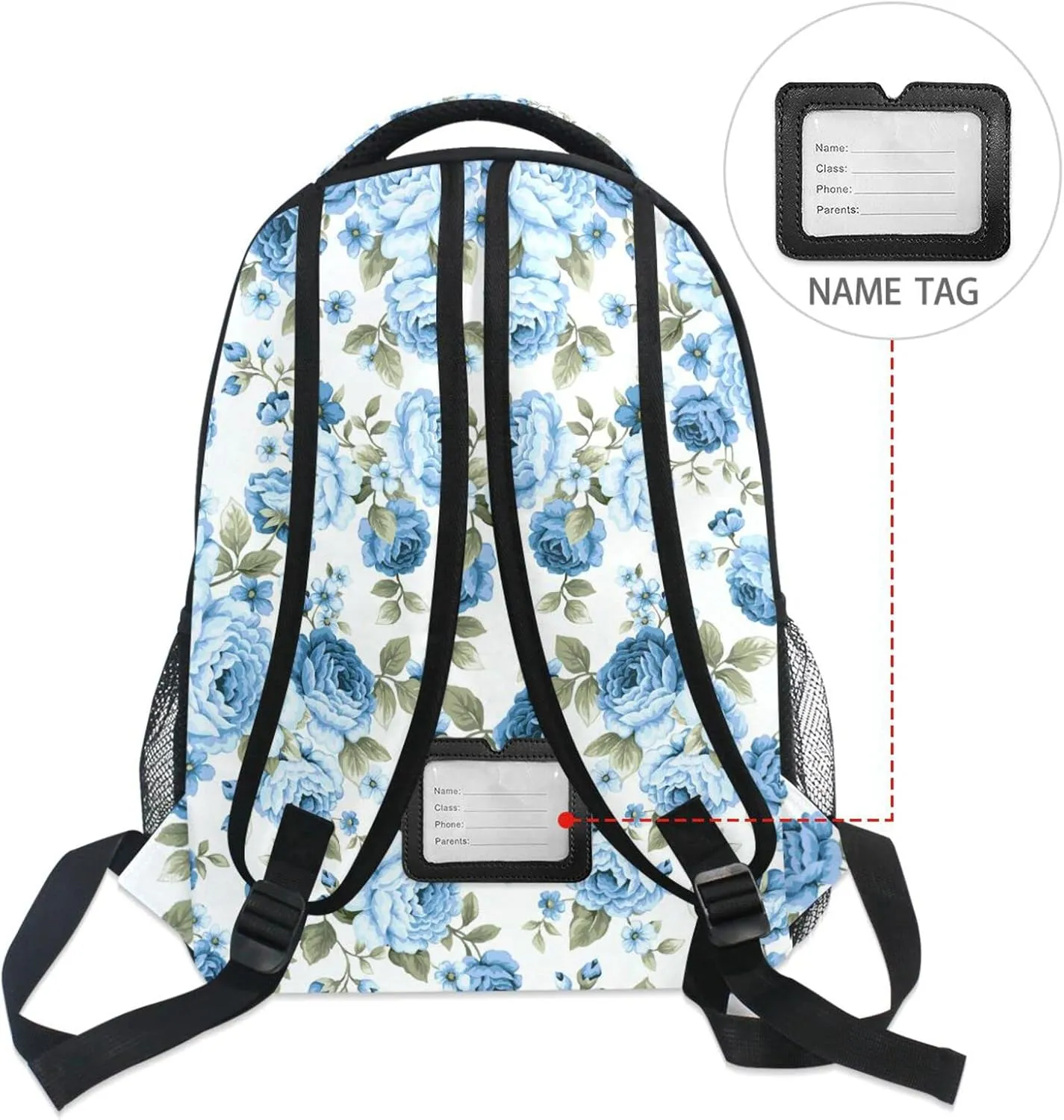 ALAZA Rose Blue Flower Floral Backpack Purse with Multiple Pockets Name Card Personalized Travel Laptop School Book Bag, Size M/16.9 inch