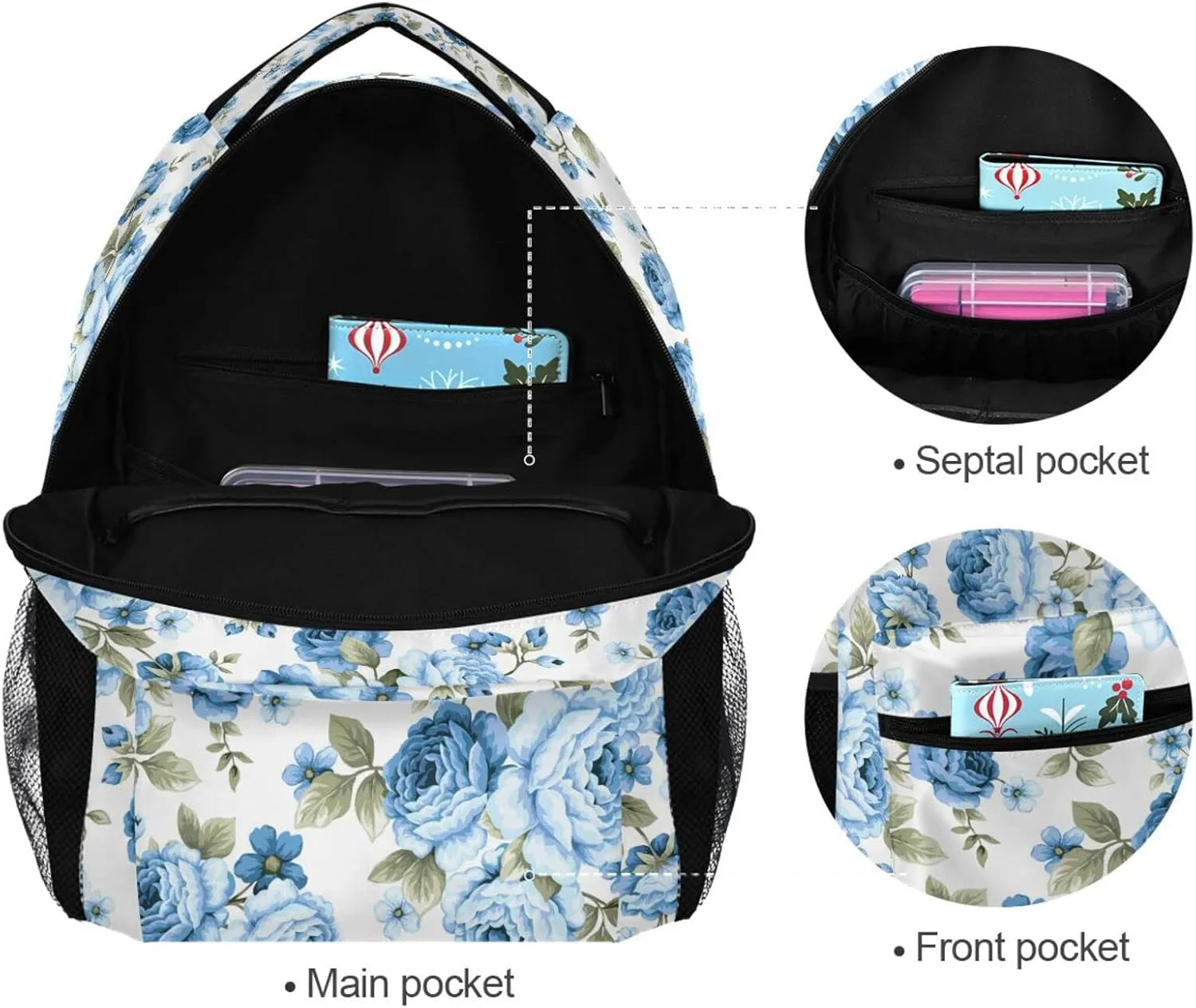 ALAZA Rose Blue Flower Floral Backpack Purse with Multiple Pockets Name Card Personalized Travel Laptop School Book Bag, Size M/16.9 inch