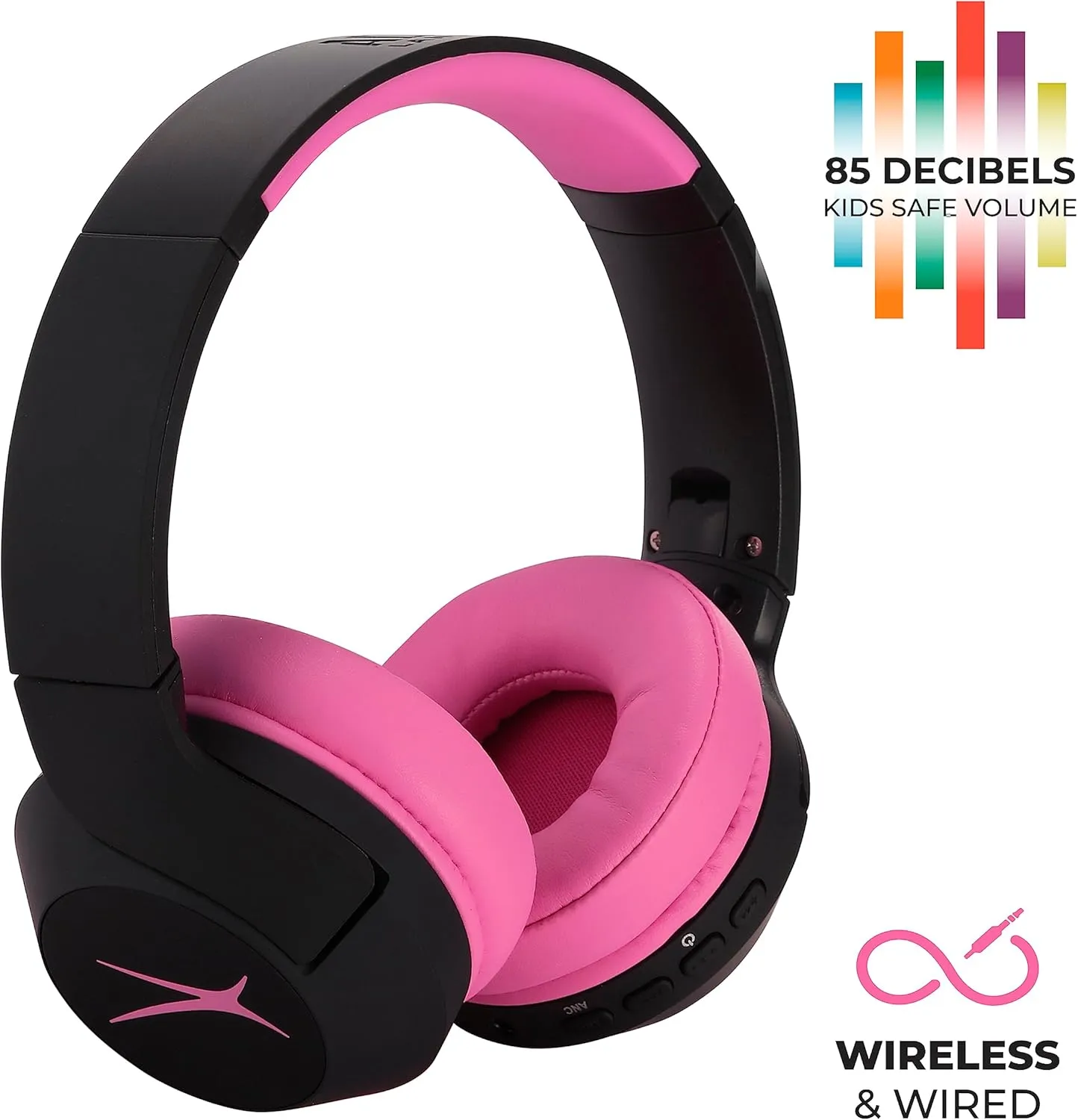 Altec Lansing Kid Safe Noise Cancelling Wireless Headphones 15H Battery, 85dB Volume Limit, Foldable Design Powerful Sound, Active Noise Cancellation Perfect for Kids Ages 7  (Blackout Pop Pink)