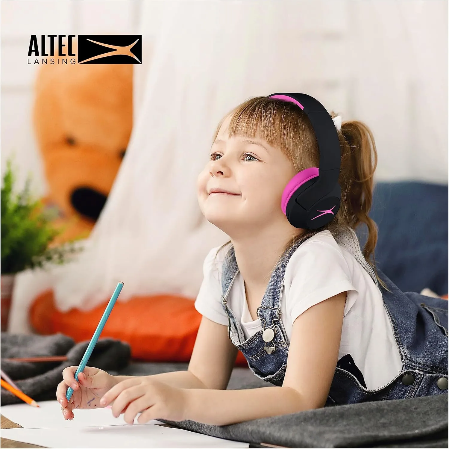 Altec Lansing Kid Safe Noise Cancelling Wireless Headphones 15H Battery, 85dB Volume Limit, Foldable Design Powerful Sound, Active Noise Cancellation Perfect for Kids Ages 7  (Blackout Pop Pink)