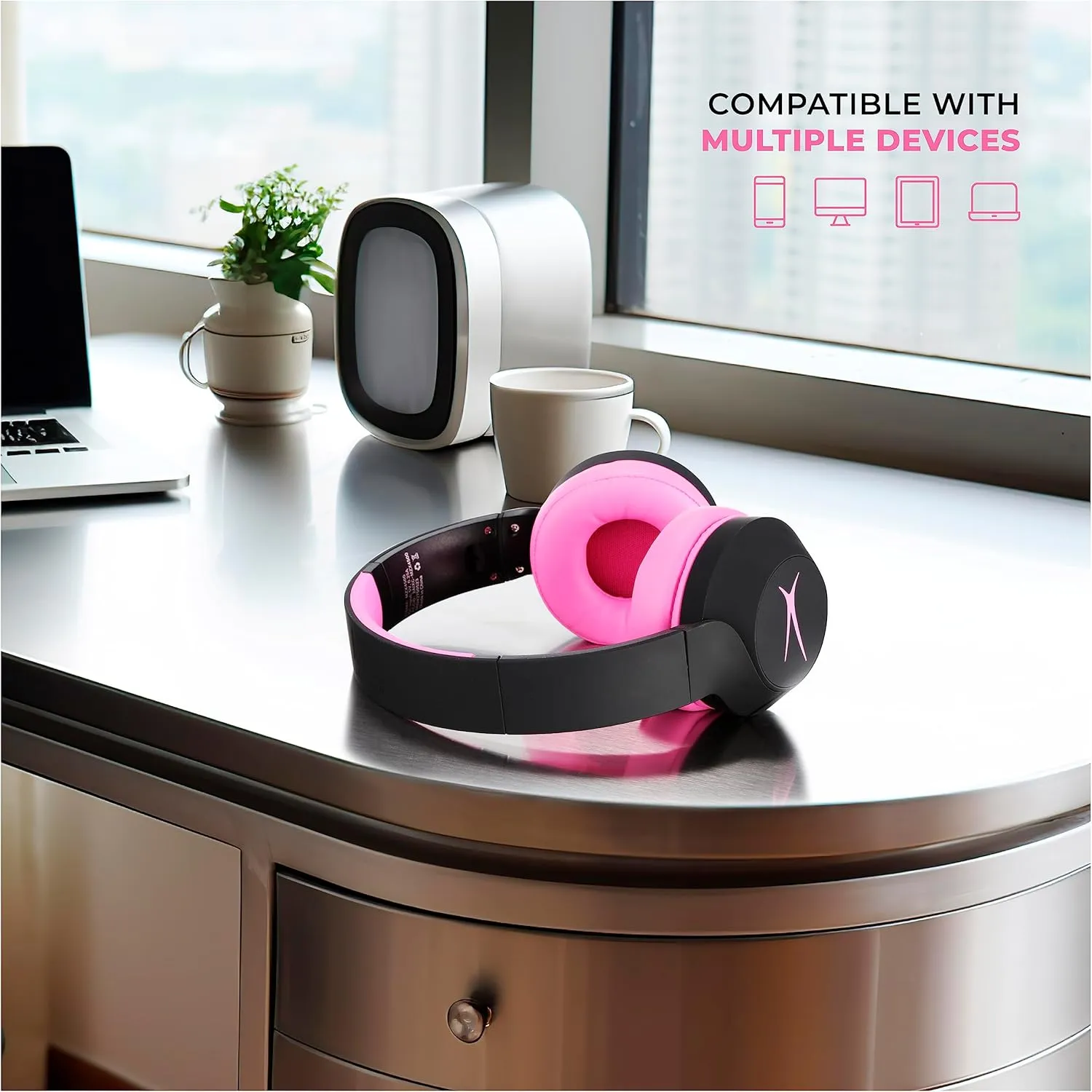 Altec Lansing Kid Safe Noise Cancelling Wireless Headphones 15H Battery, 85dB Volume Limit, Foldable Design Powerful Sound, Active Noise Cancellation Perfect for Kids Ages 7  (Blackout Pop Pink)