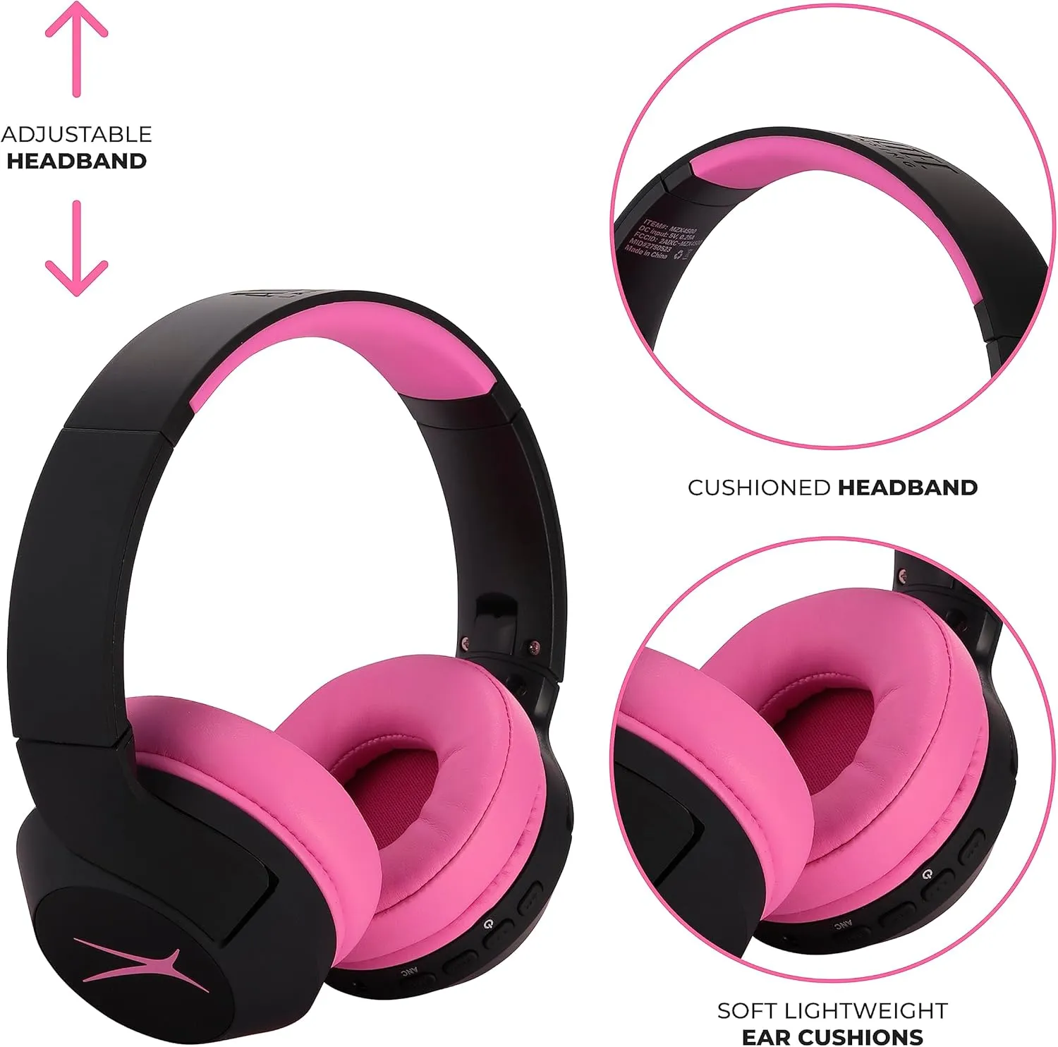 Altec Lansing Kid Safe Noise Cancelling Wireless Headphones 15H Battery, 85dB Volume Limit, Foldable Design Powerful Sound, Active Noise Cancellation Perfect for Kids Ages 7  (Blackout Pop Pink)