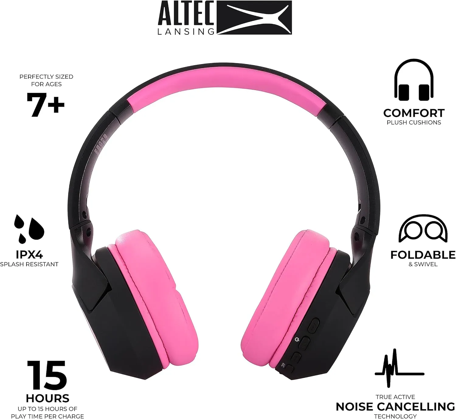 Altec Lansing Kid Safe Noise Cancelling Wireless Headphones 15H Battery, 85dB Volume Limit, Foldable Design Powerful Sound, Active Noise Cancellation Perfect for Kids Ages 7  (Blackout Pop Pink)