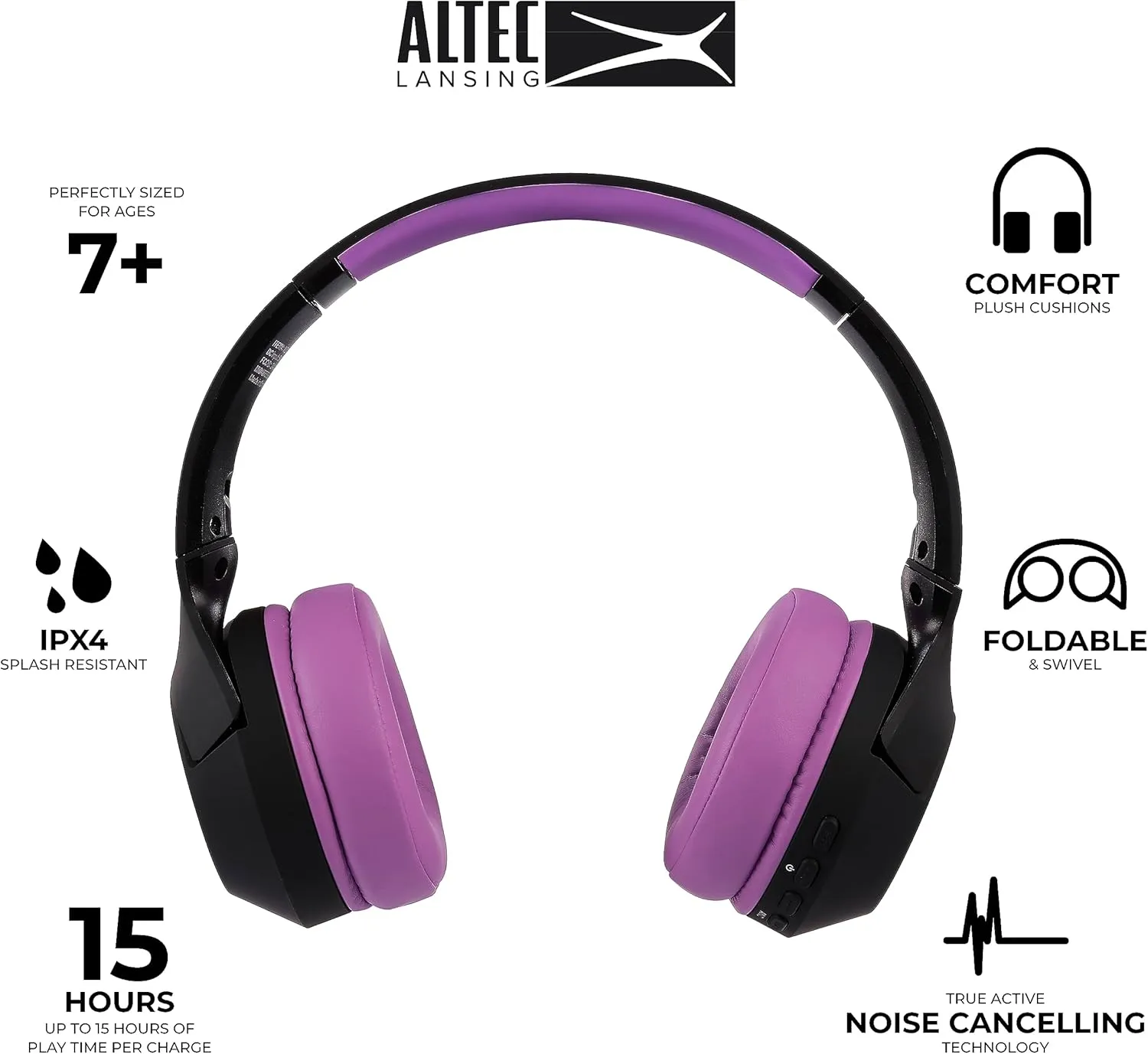 Altec Lansing Kid Safe Noise Cancelling Wireless Headphones 15H Battery, 85dB Volume Limit, Foldable Design Powerful Sound, Active Noise Cancellation Perfect for Kids Ages 7 