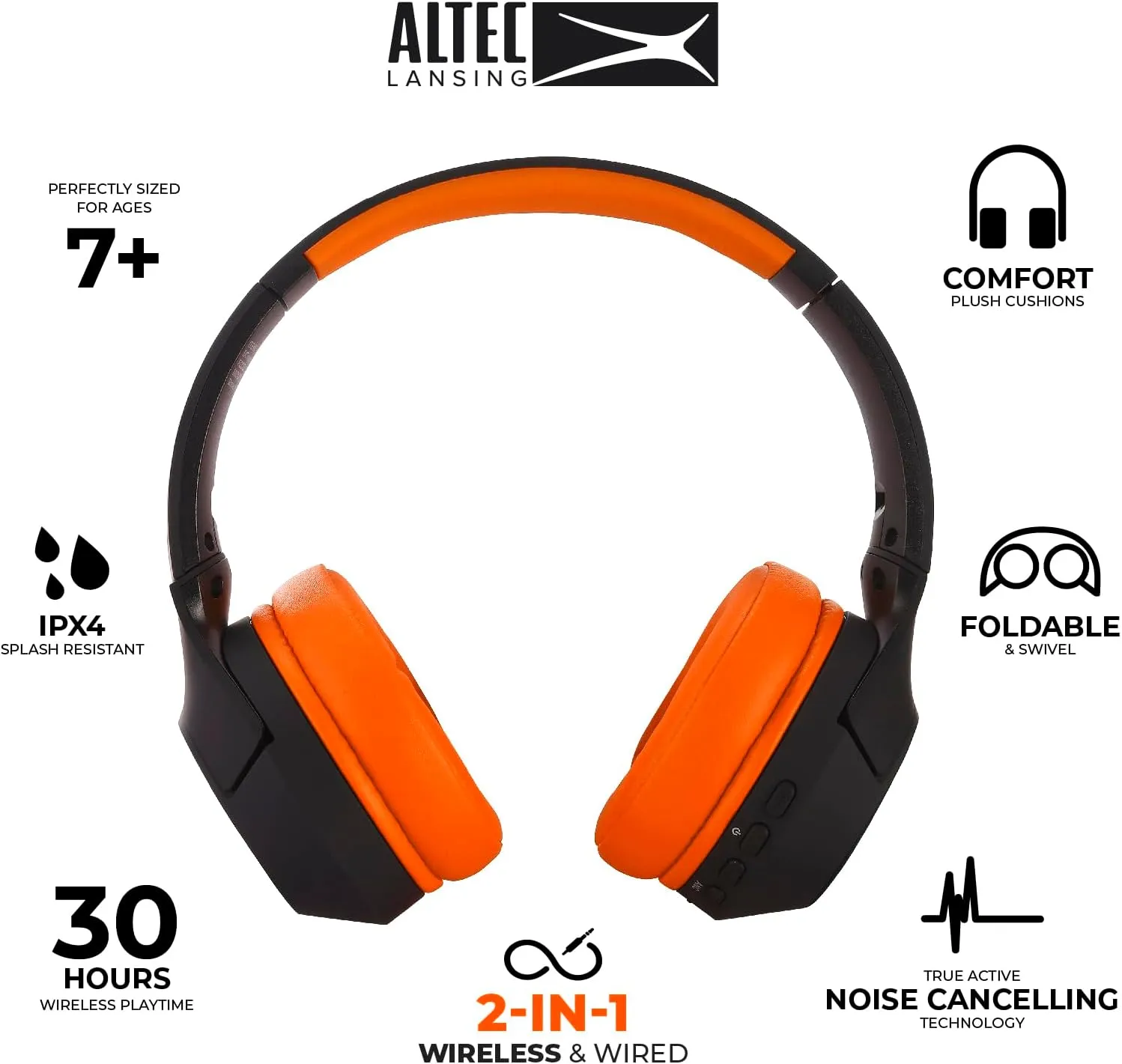 Altec Lansing Kid Safe Noise Cancelling Wireless Headphones 15H Battery, 85dB Volume Limit, Foldable Design Powerful Sound, Active Noise Cancellation Perfect for Kids Ages 7 