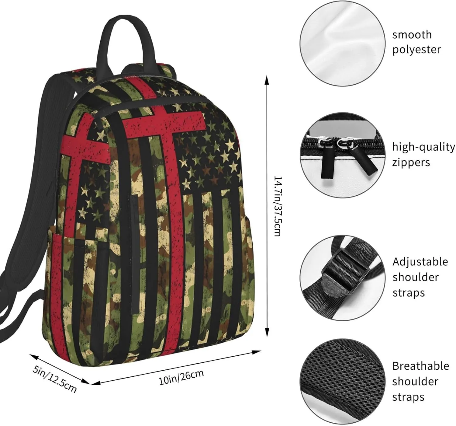 American Camo Flag Christian Cross Casual Backpacks Laptop Backpack Outdoor Travel Rucksack Sport Carry-On Daypack Lightweight Bag with Multi-Pockets