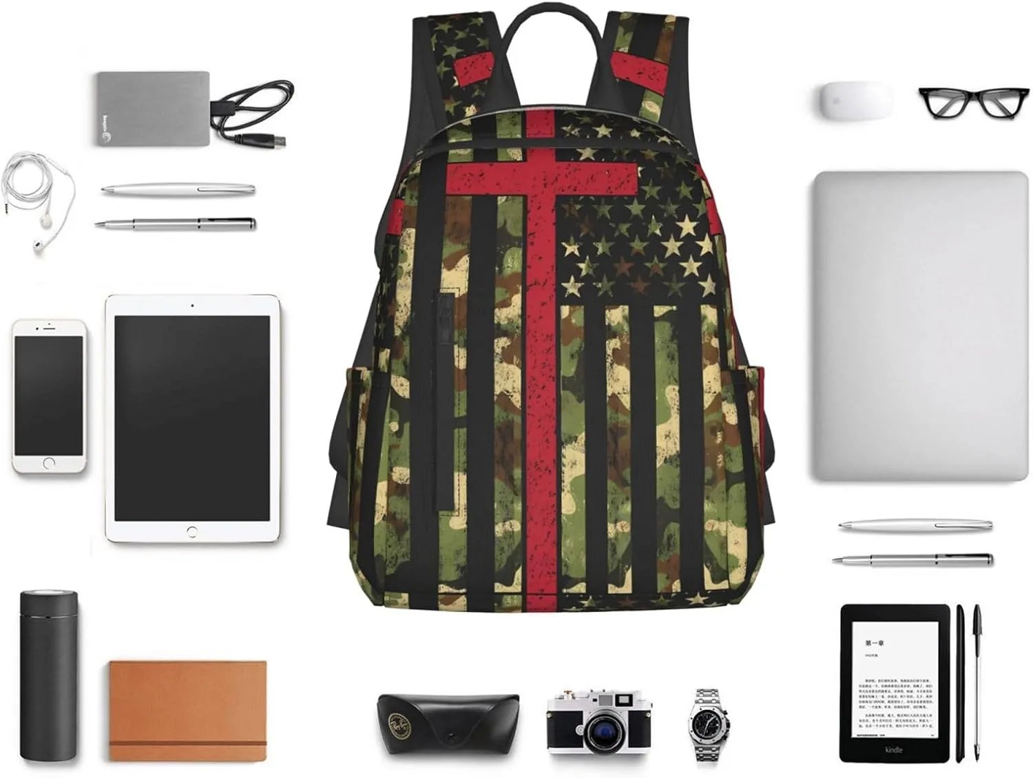 American Camo Flag Christian Cross Casual Backpacks Laptop Backpack Outdoor Travel Rucksack Sport Carry-On Daypack Lightweight Bag with Multi-Pockets