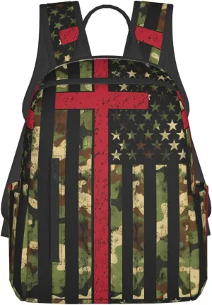 American Camo Flag Christian Cross Casual Backpacks Laptop Backpack Outdoor Travel Rucksack Sport Carry-On Daypack Lightweight Bag with Multi-Pockets