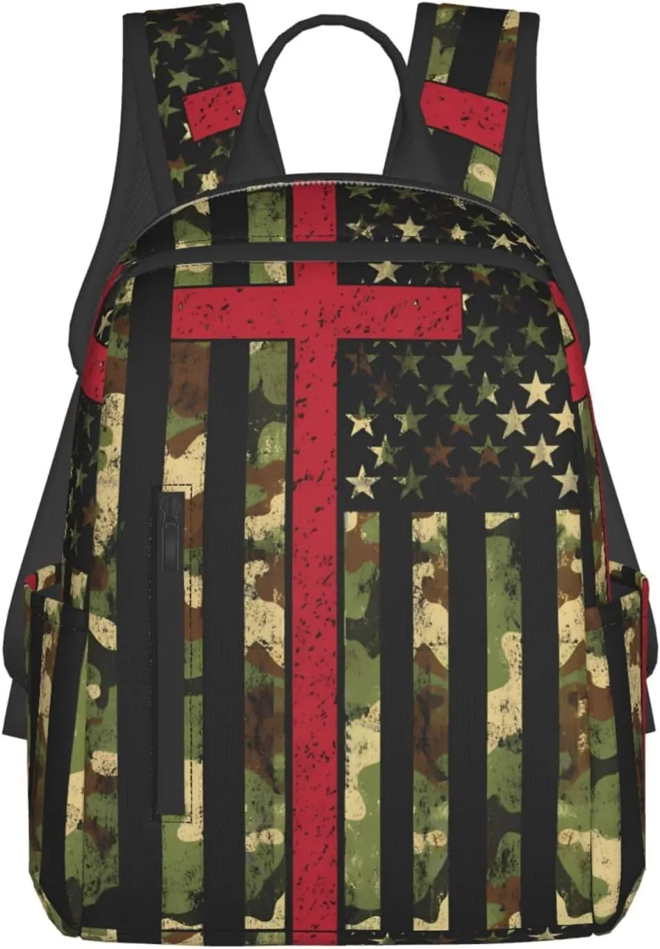 American Camo Flag Christian Cross Casual Backpacks Laptop Backpack Outdoor Travel Rucksack Sport Carry-On Daypack Lightweight Bag with Multi-Pockets