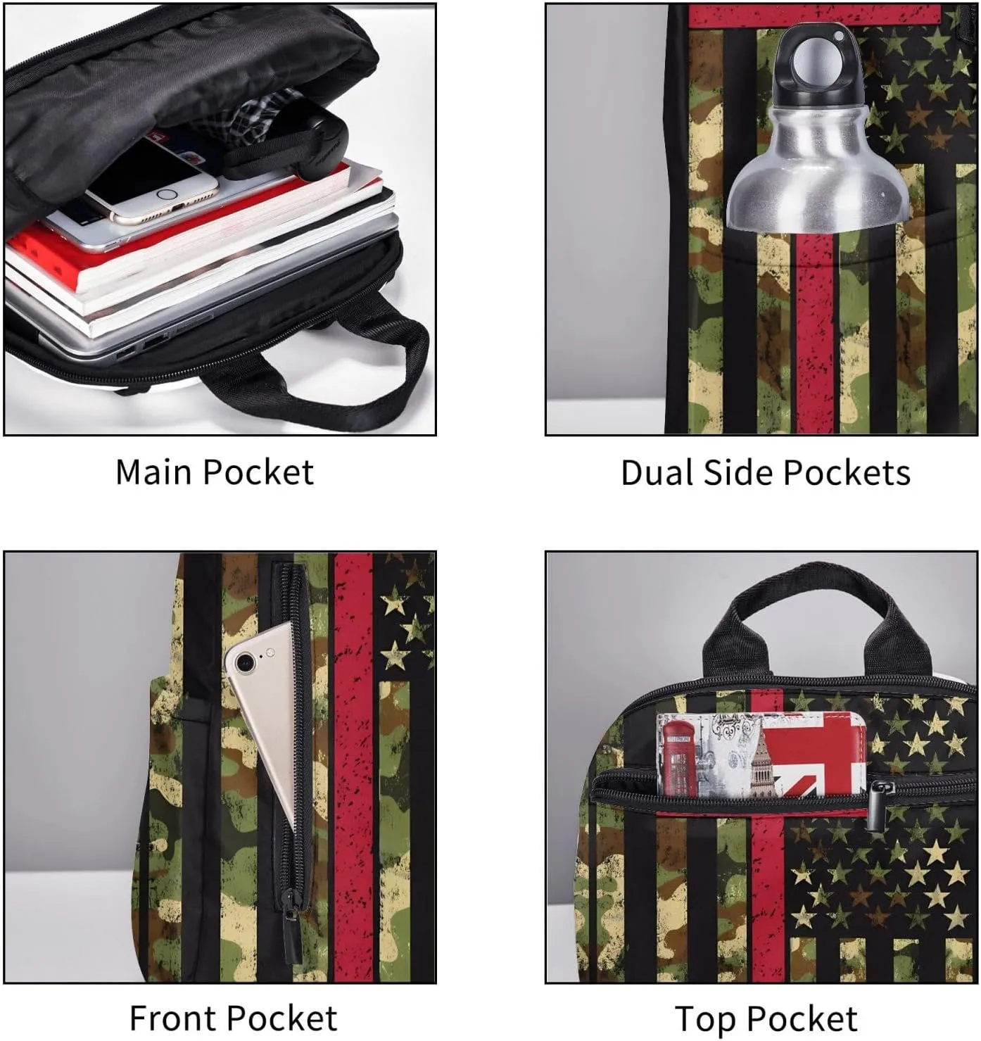American Camo Flag Christian Cross Casual Backpacks Laptop Backpack Outdoor Travel Rucksack Sport Carry-On Daypack Lightweight Bag with Multi-Pockets