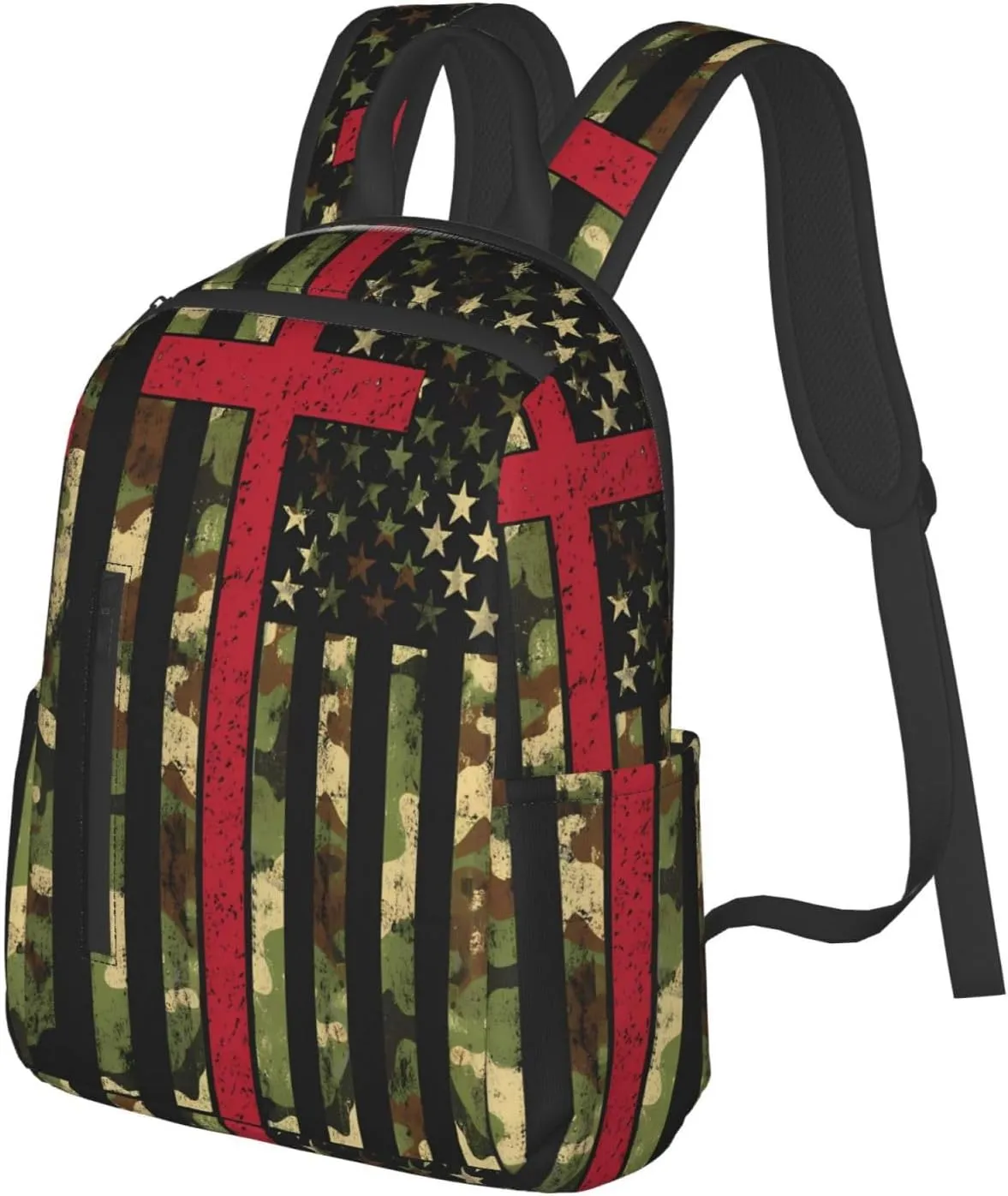 American Camo Flag Christian Cross Casual Backpacks Laptop Backpack Outdoor Travel Rucksack Sport Carry-On Daypack Lightweight Bag with Multi-Pockets