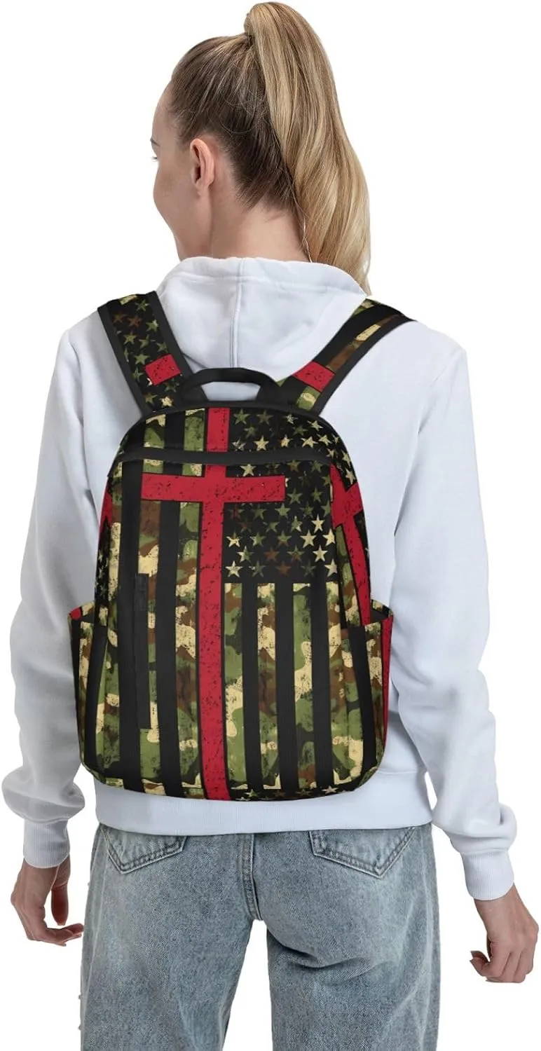 American Camo Flag Christian Cross Casual Backpacks Laptop Backpack Outdoor Travel Rucksack Sport Carry-On Daypack Lightweight Bag with Multi-Pockets