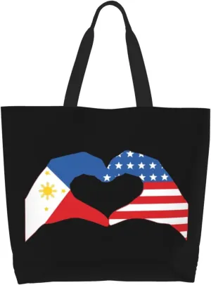 American Flag And Filipino Philippines Canvas Tote Bags for Women, Ladies Shoulder Handbags Large Purse Lightweight Foldable Reusable Shopping Bag with Pockets for Work, Travel, 15.7x19.7in