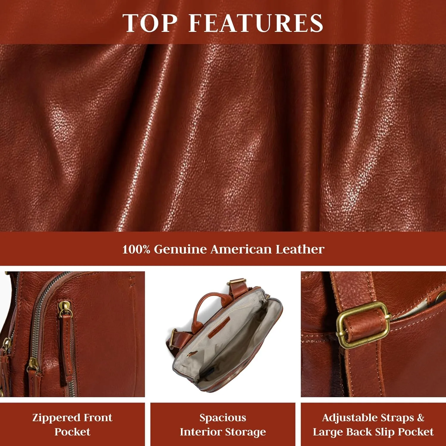American Leather Co. Cleveland Midsize Backpack for Women, Dark Brown, 100% Genuine Leather, Medium-Sized Stylish Backpack Purse with Pleat Detailing & Antiqued Hardware, Adjustable Straps