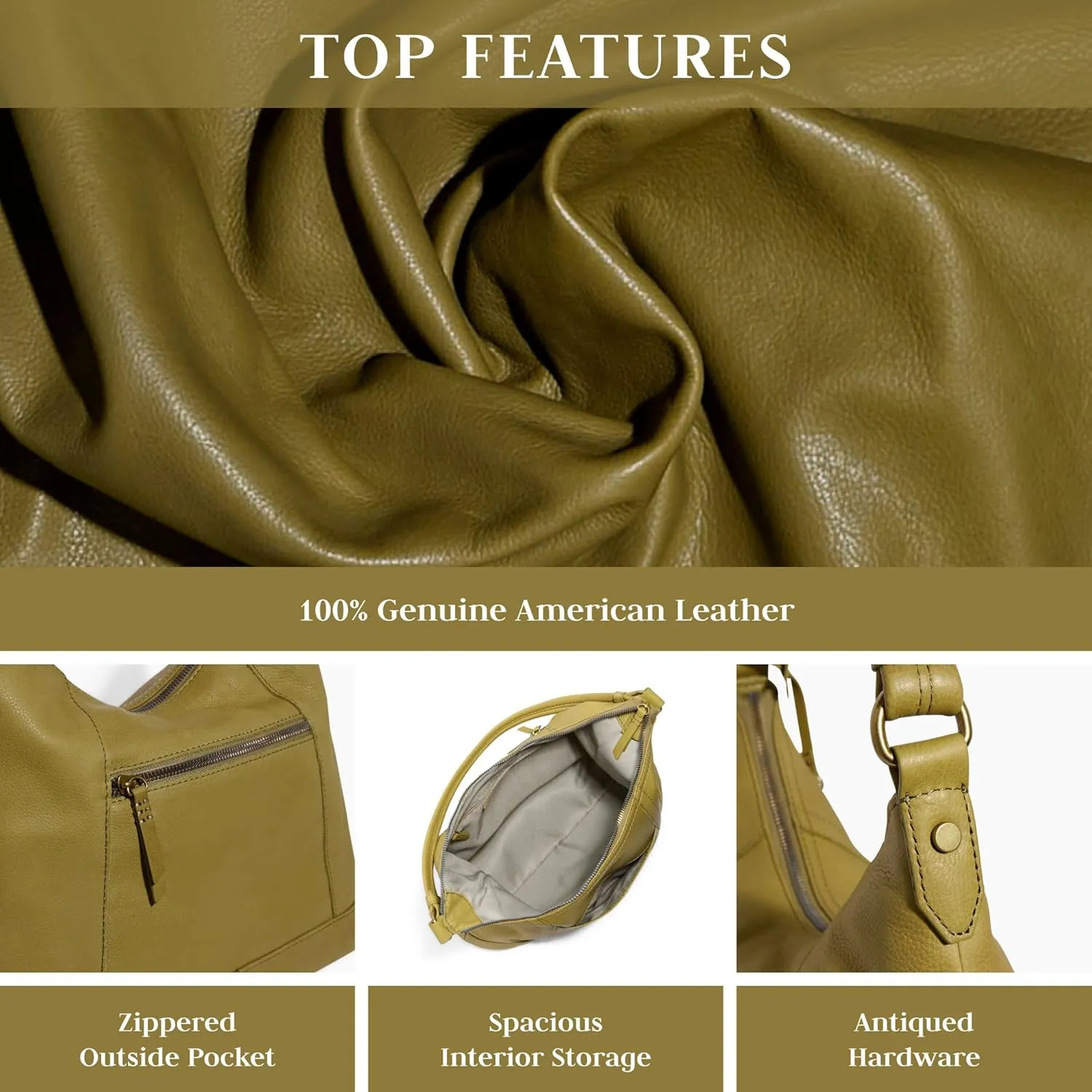 American Leather Hudson Hobo Shoulder Bag, Soft Leather Purse, Handbag With Zippered Compartments & Slip Pockets for Women