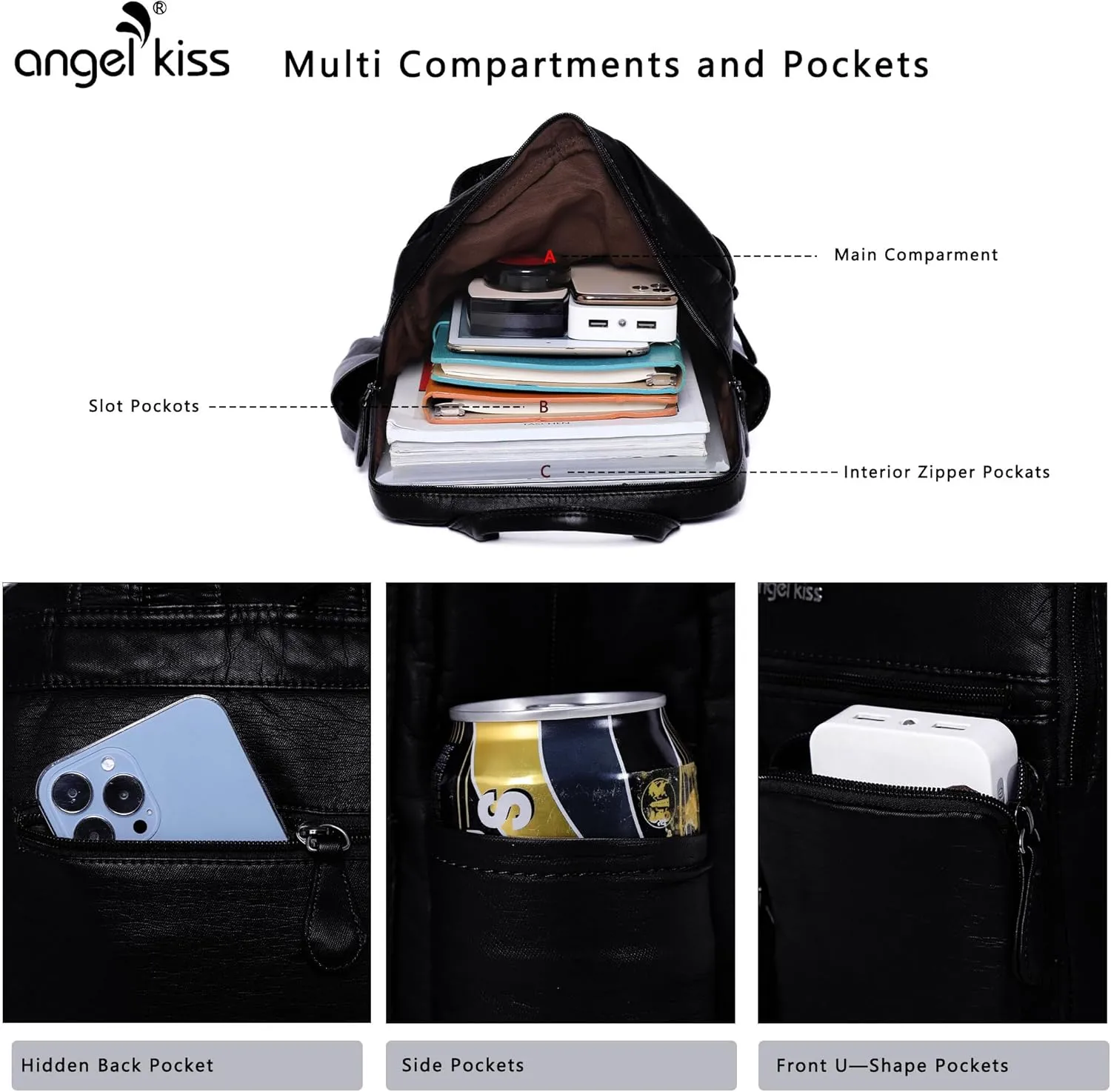 Angel Kiss Backpack Purse for Women Soft Washed Leather Multi Pocket Casual Travel Backpacks…