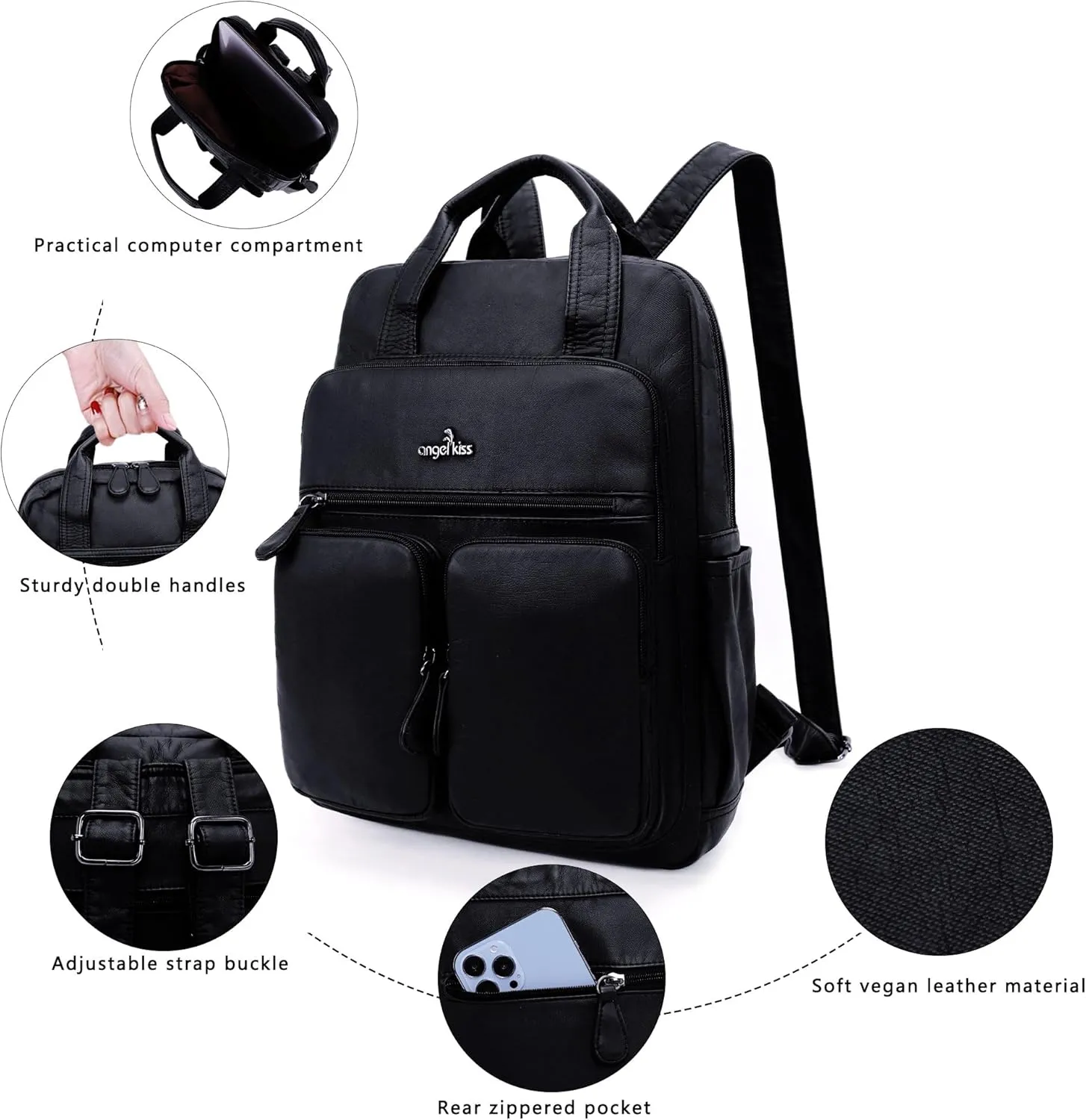 Angel Kiss Backpack Purse for Women Soft Washed Leather Multi Pocket Casual Travel Backpacks…