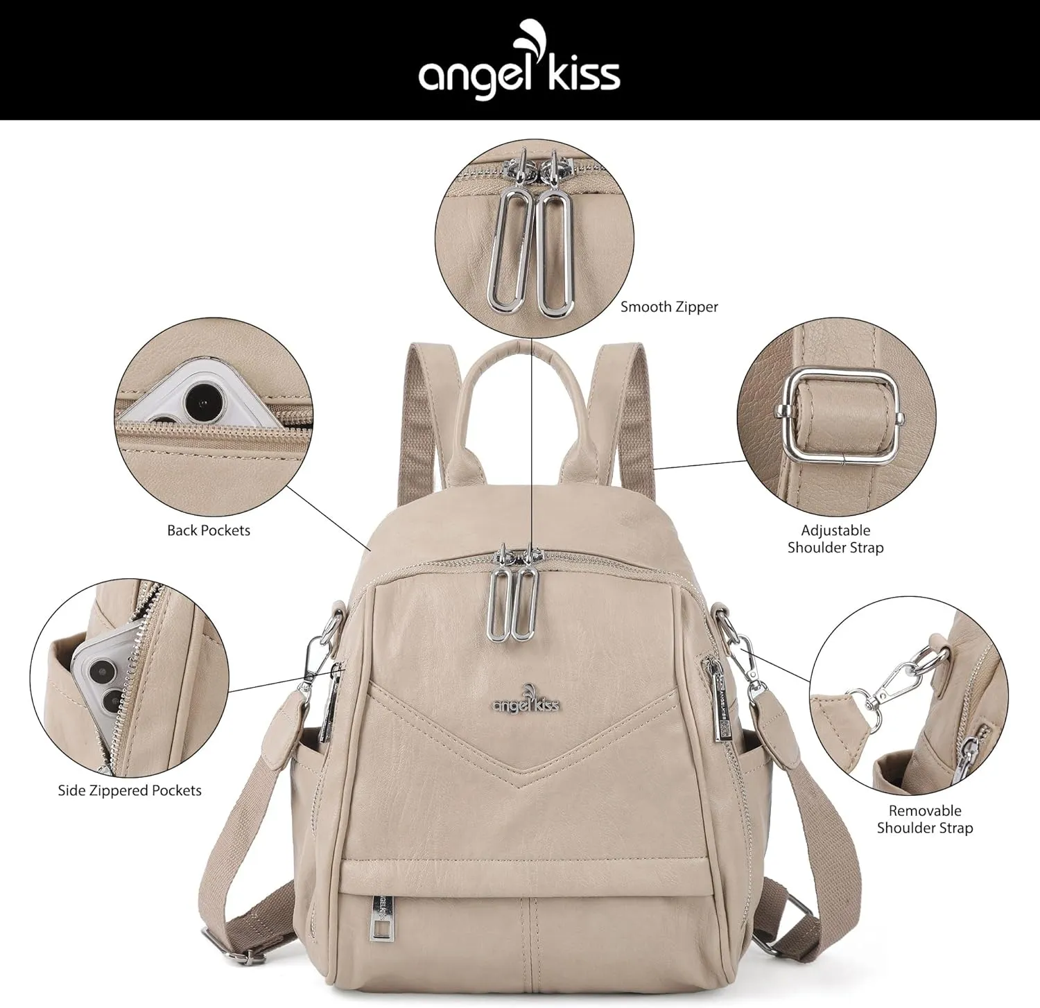 Angel Kiss Small Backpack Purse for Women,Soft Vegan Leather Roomy Backpacks,Designer Ladies Shoulder Backpack Fashion Handbag with Removable Strap,Apricot