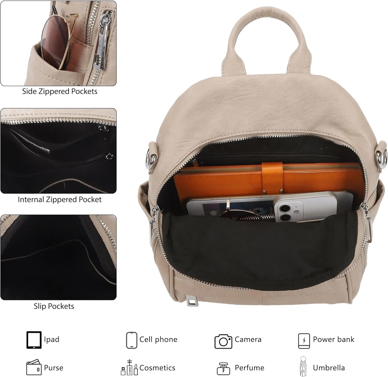 Angel Kiss Small Backpack Purse for Women,Soft Vegan Leather Roomy Backpacks,Designer Ladies Shoulder Backpack Fashion Handbag with Removable Strap,Apricot