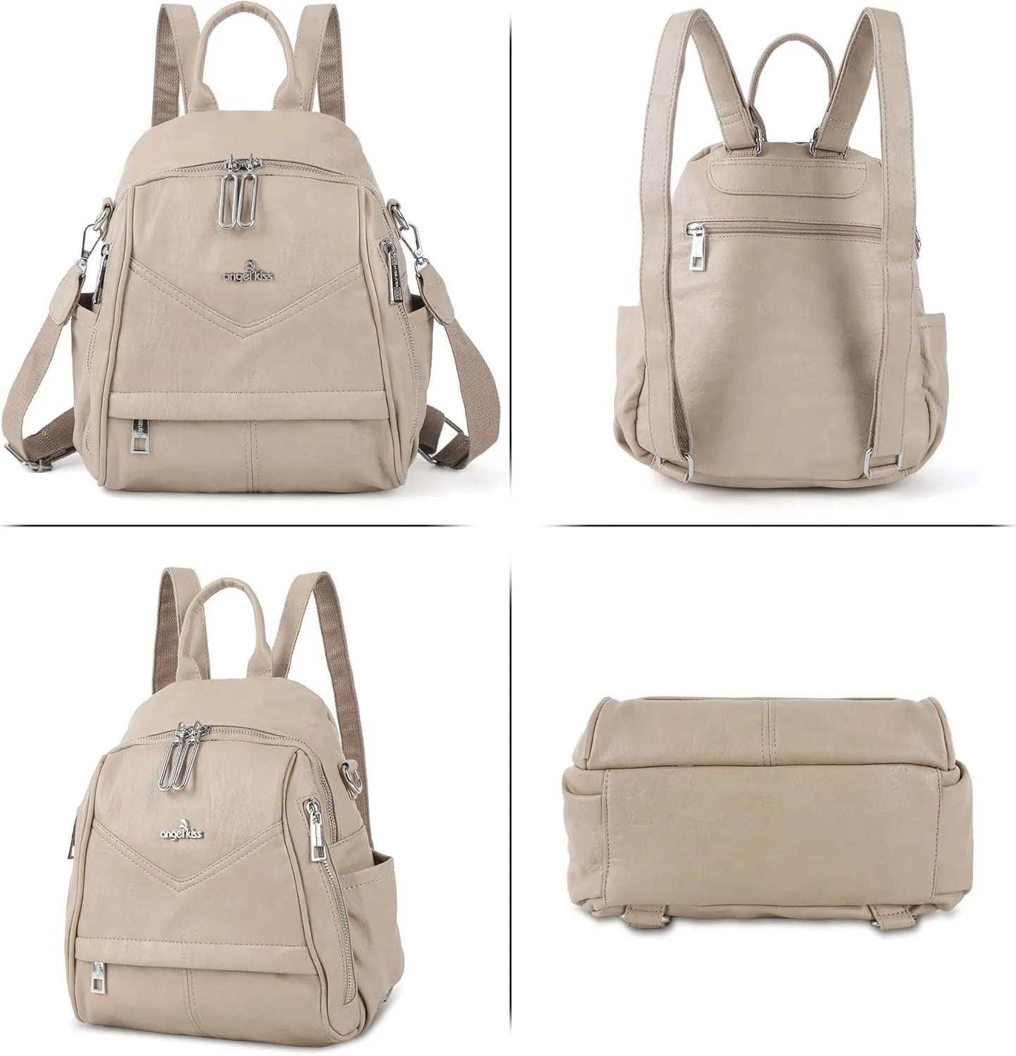 Angel Kiss Small Backpack Purse for Women,Soft Vegan Leather Roomy Backpacks,Designer Ladies Shoulder Backpack Fashion Handbag with Removable Strap,Apricot
