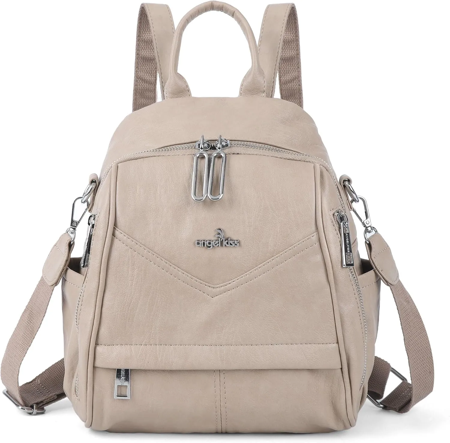 Angel Kiss Small Backpack Purse for Women,Soft Vegan Leather Roomy Backpacks,Designer Ladies Shoulder Backpack Fashion Handbag with Removable Strap,Apricot