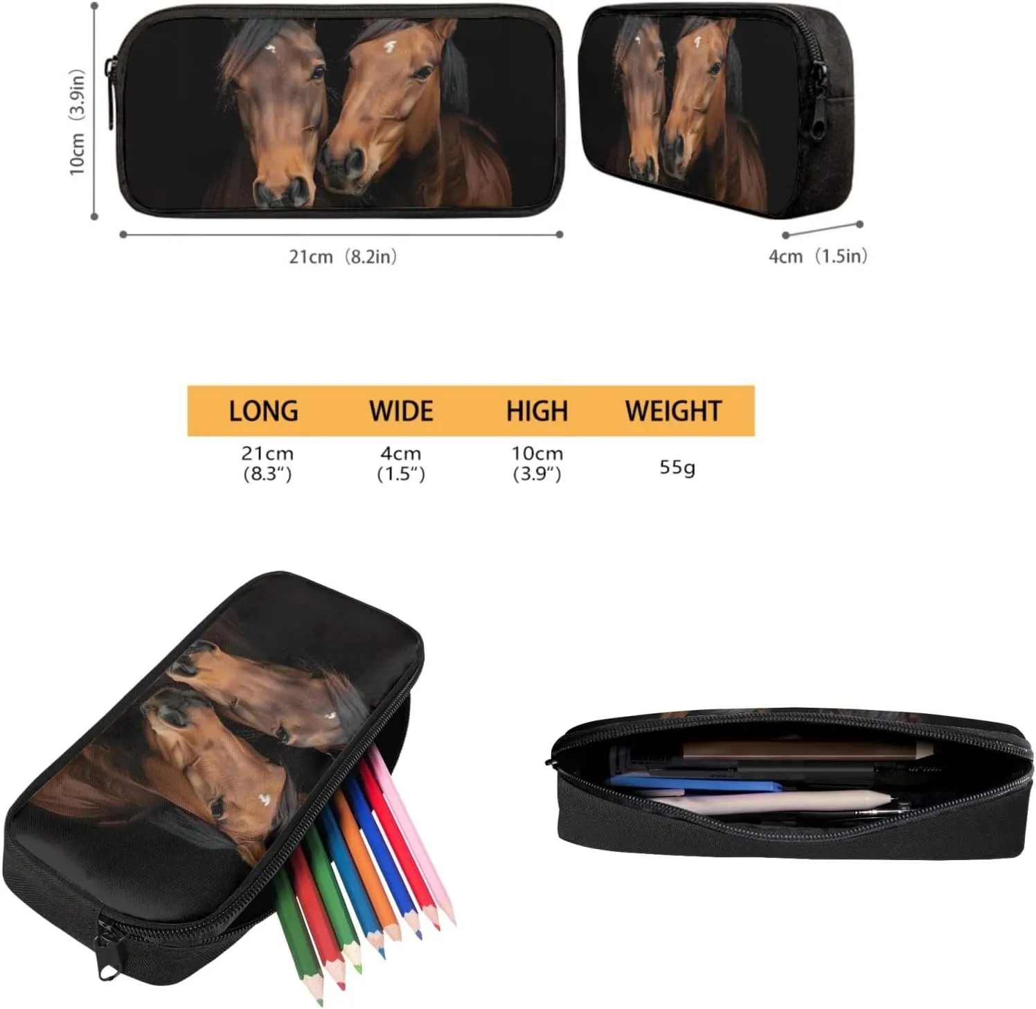 Animal Horse Kids Girls Boys Backpack Set 3 Pcs School Students Bag Lunch Portable Pencil Case for Campign Sports Travel