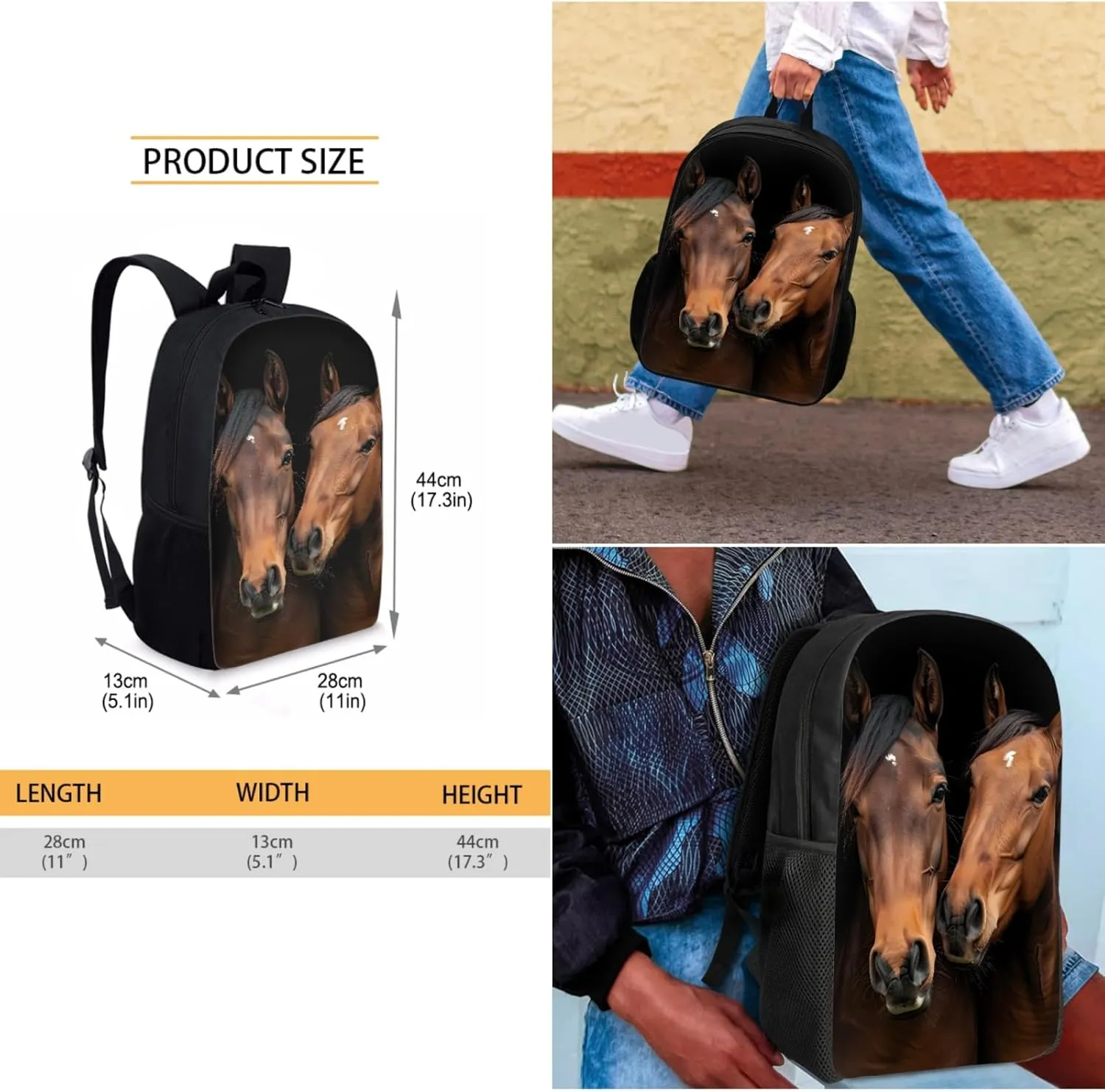 Animal Horse Kids Girls Boys Backpack Set 3 Pcs School Students Bag Lunch Portable Pencil Case for Campign Sports Travel