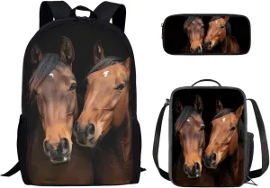 Animal Horse Kids Girls Boys Backpack Set 3 Pcs School Students Bag Lunch Portable Pencil Case for Campign Sports Travel