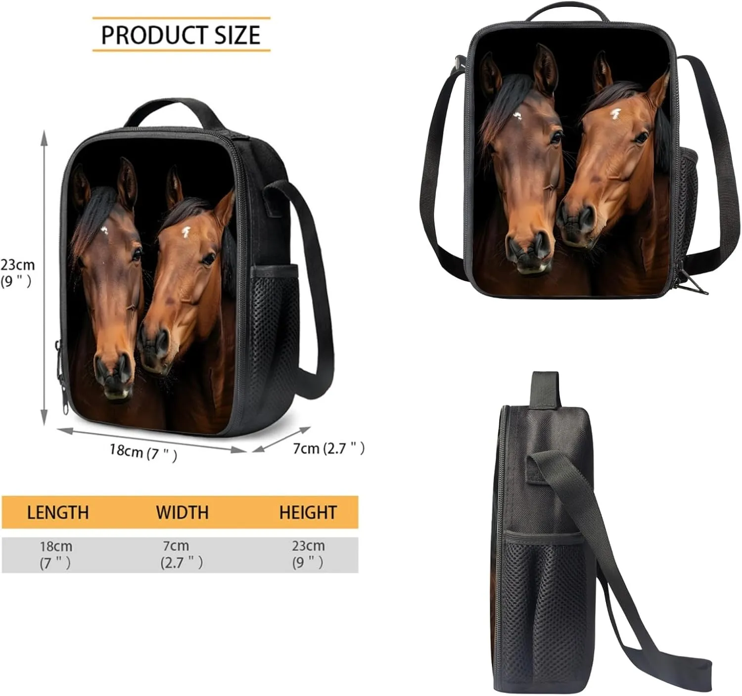 Animal Horse Kids Girls Boys Backpack Set 3 Pcs School Students Bag Lunch Portable Pencil Case for Campign Sports Travel