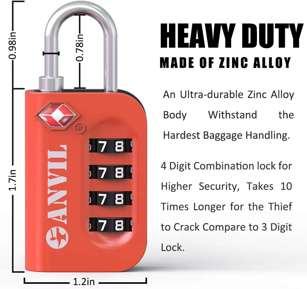 ANVIL TSA Approved Luggage Lock - 4 Digit Combination, 10,000 Combinations, Easy-Read Password Window, Travel Lock for Suitcases, Backpacks, Gym & Student Lockers, Baggage
