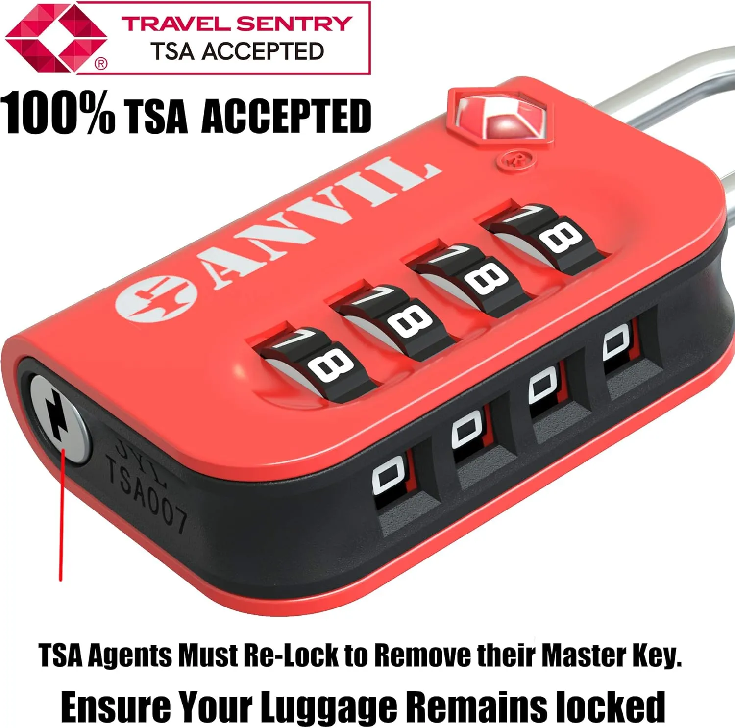 ANVIL TSA Approved Luggage Lock - 4 Digit Combination, 10,000 Combinations, Easy-Read Password Window, Travel Lock for Suitcases, Backpacks, Gym & Student Lockers, Baggage