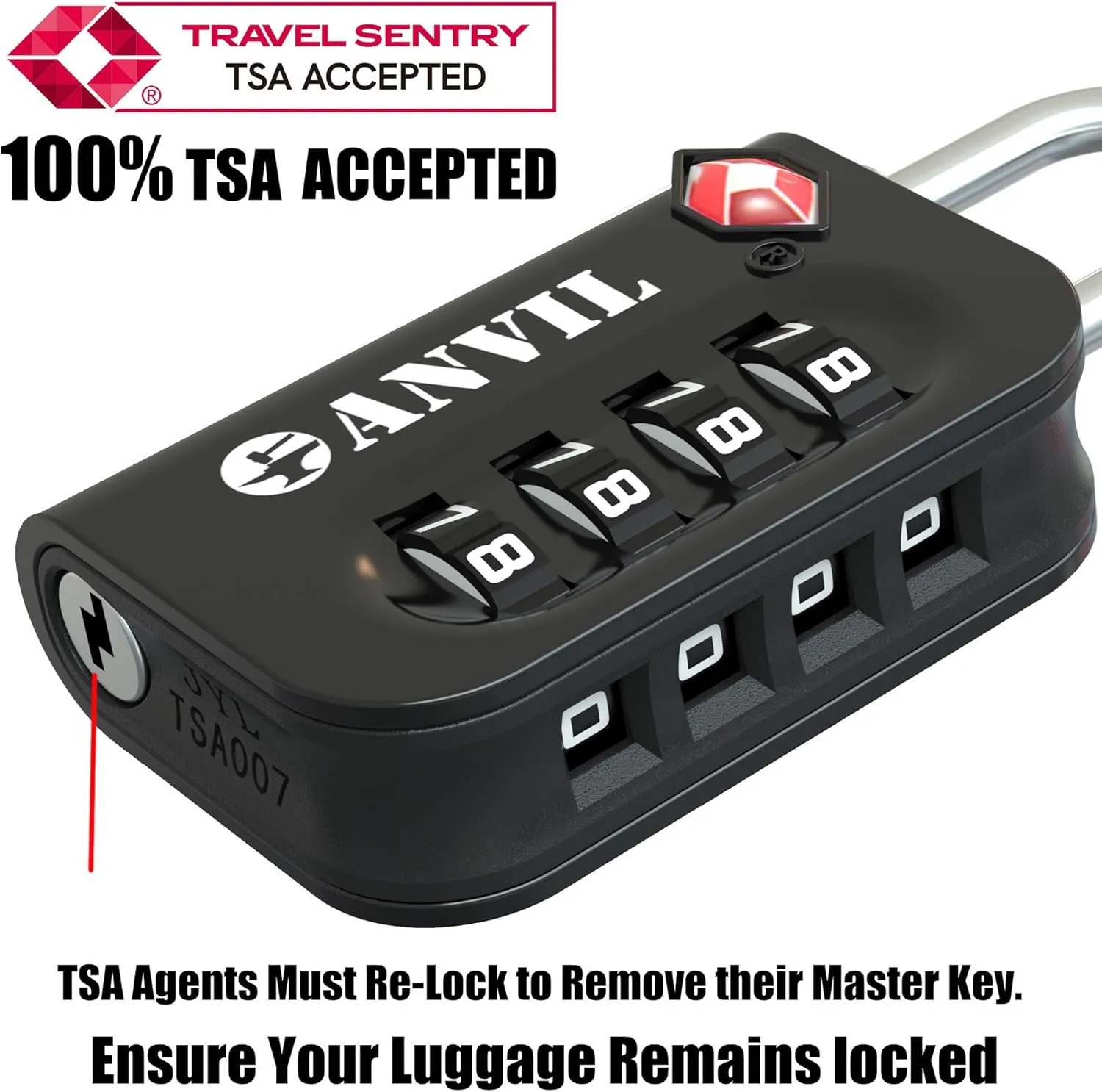 ANVIL TSA Approved Luggage Lock - 4 Digit Combination, 10,000 Combinations, Easy-Read Password Window, Travel Lock for Suitcases, Backpacks, Gym & Student Lockers, Baggage