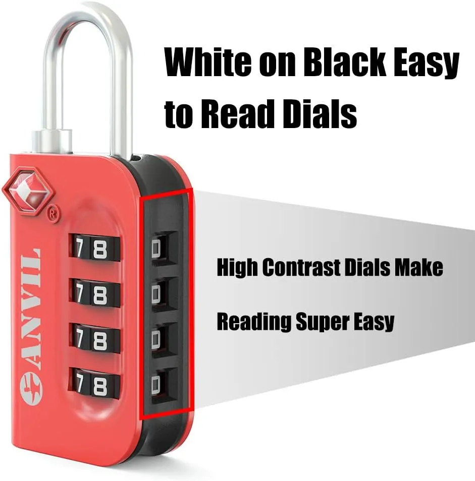ANVIL TSA Approved Luggage Lock - 4 Digit Combination, 10,000 Combinations, Easy-Read Password Window, Travel Lock for Suitcases, Backpacks, Gym & Student Lockers, Baggage