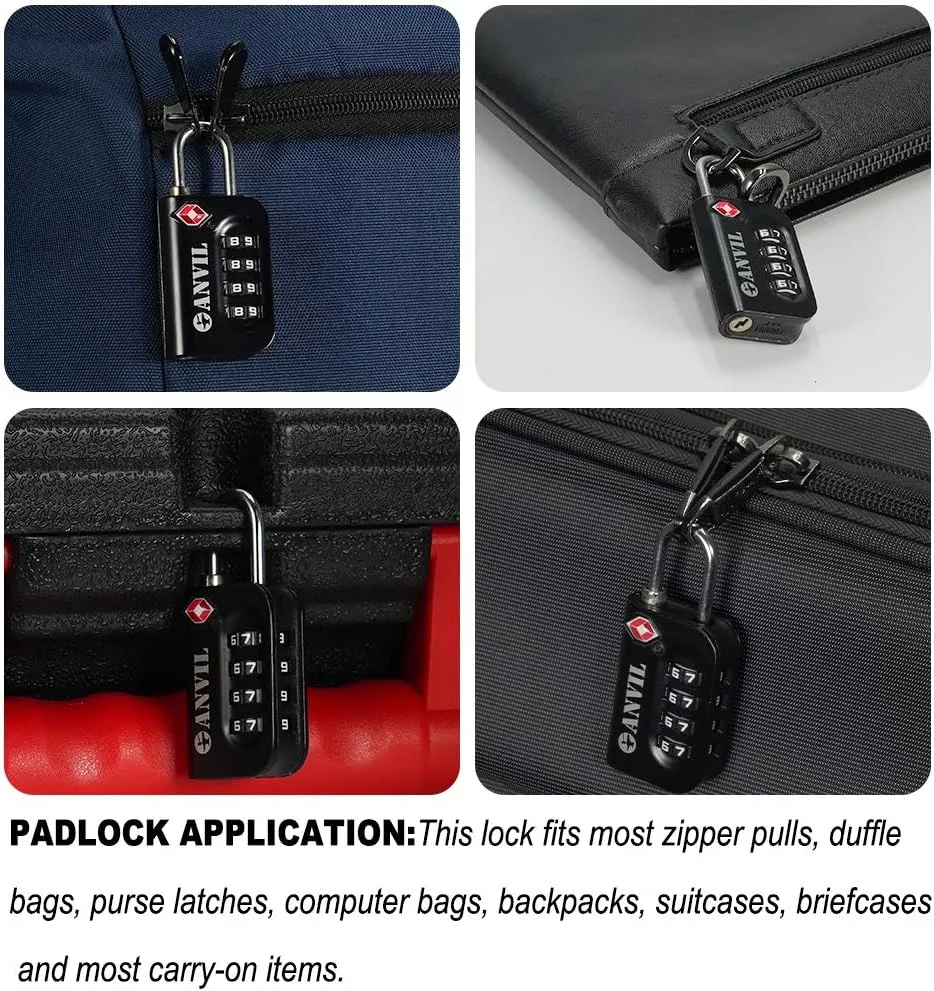 ANVIL TSA Approved Luggage Lock - 4 Digit Combination, 10,000 Combinations, Easy-Read Password Window, Travel Lock for Suitcases, Backpacks, Gym & Student Lockers, Baggage