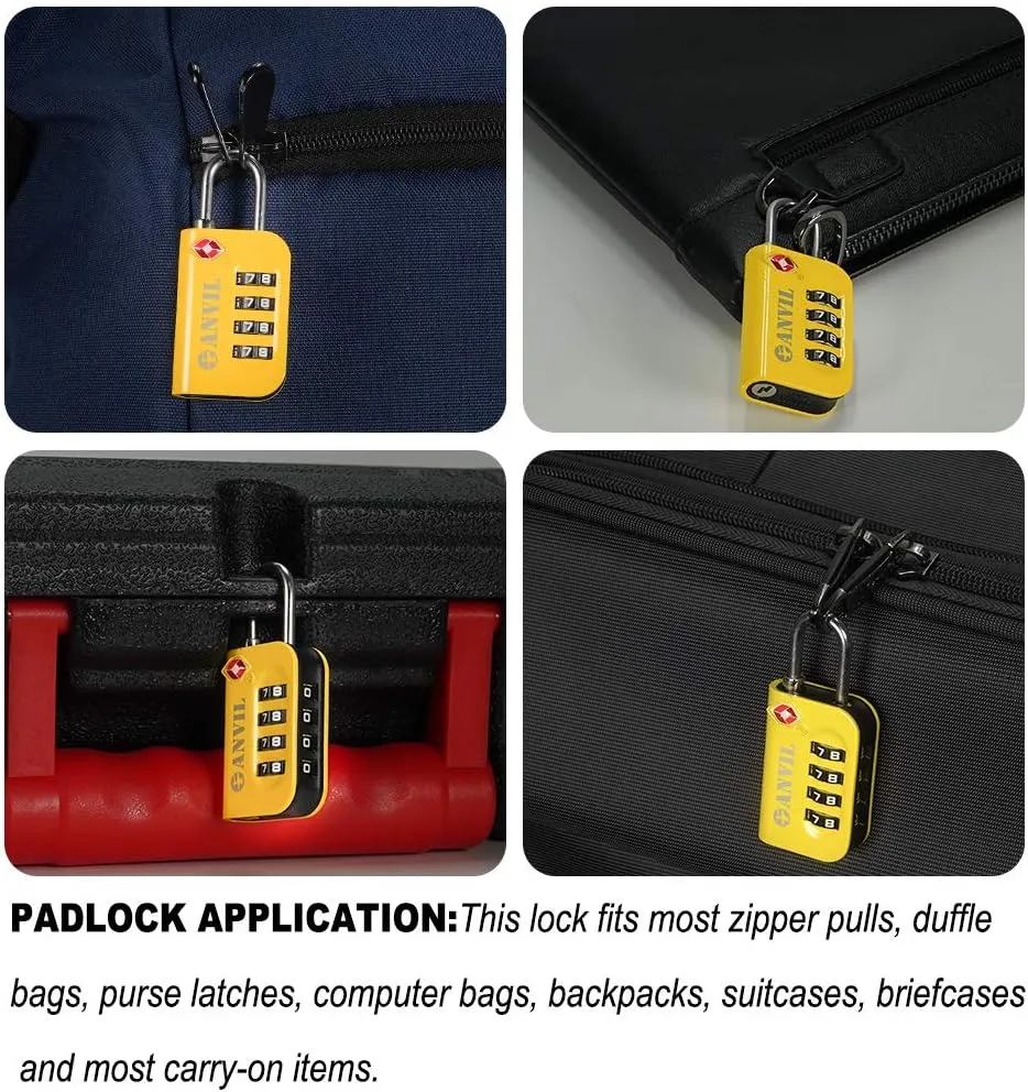 ANVIL TSA Approved Luggage Lock - 4 Digit Combination, 10,000 Combinations, Easy-Read Password Window, Travel Lock for Suitcases, Backpacks, Gym & Student Lockers, Baggage