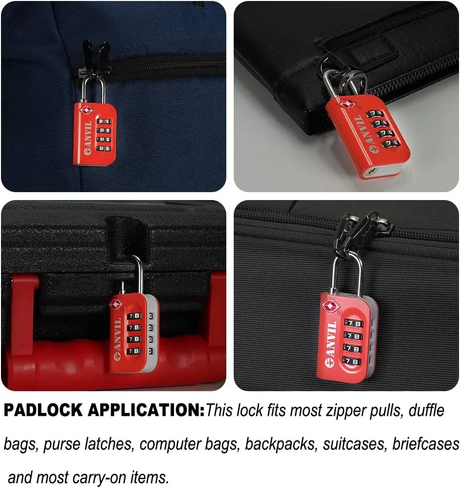ANVIL TSA Approved Luggage Lock - 4 Digit Combination, 10,000 Combinations, Easy-Read Password Window, Travel Lock for Suitcases, Backpacks, Gym & Student Lockers, Baggage
