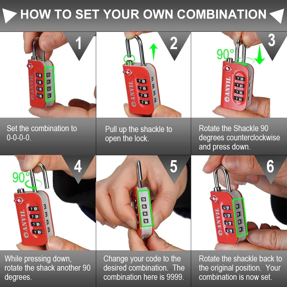 ANVIL TSA Approved Luggage Lock - 4 Digit Combination, 10,000 Combinations, Easy-Read Password Window, Travel Lock for Suitcases, Backpacks, Gym & Student Lockers, Baggage