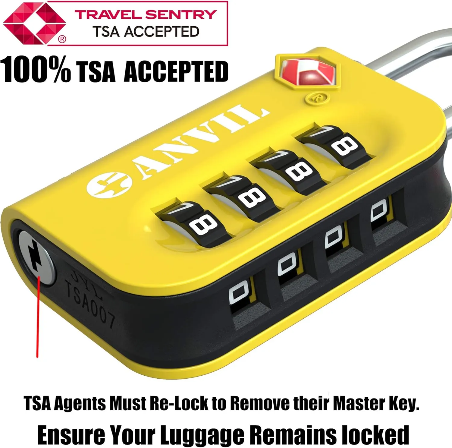 ANVIL TSA Approved Luggage Lock - 4 Digit Combination, 10,000 Combinations, Easy-Read Password Window, Travel Lock for Suitcases, Backpacks, Gym & Student Lockers, Baggage
